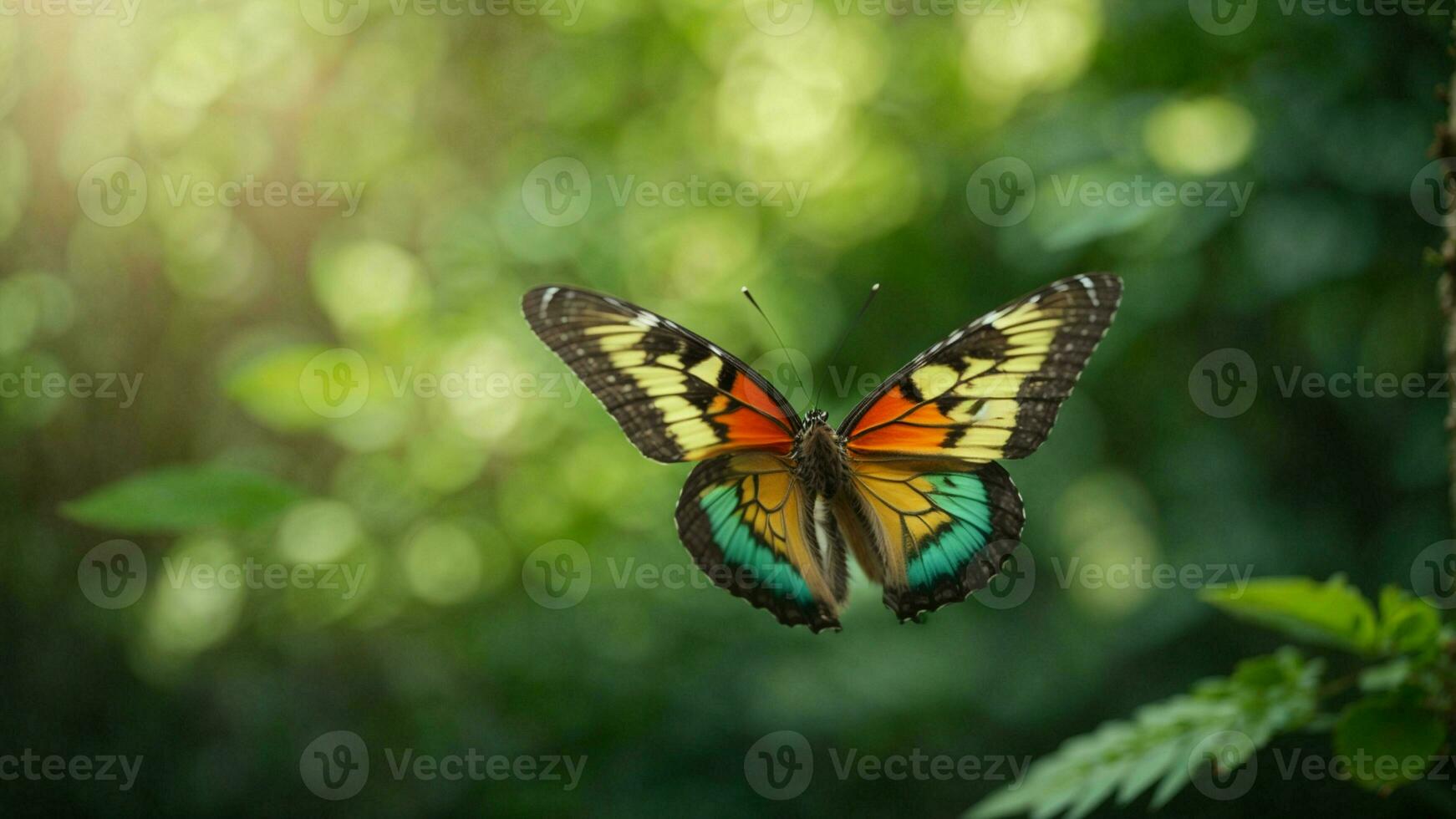 natura sfondo con un' bellissimo volante farfalla con verde foresta ai generativo foto