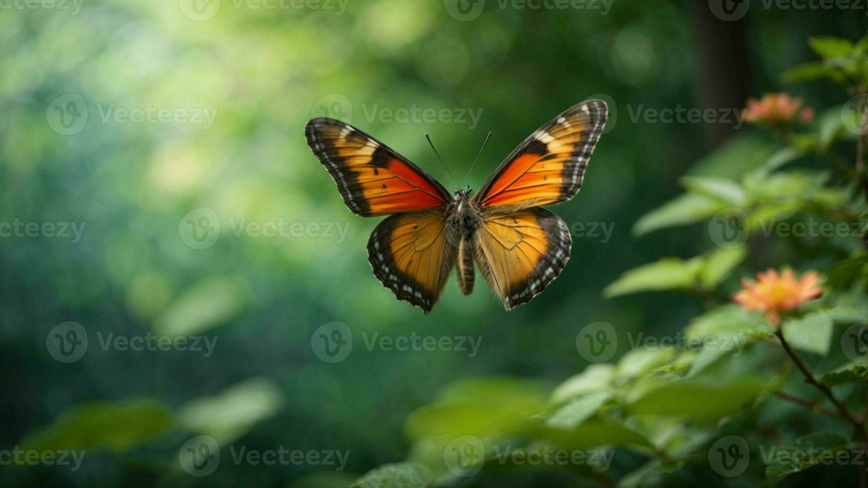 natura sfondo con un' bellissimo volante farfalla con verde foresta ai generativo foto