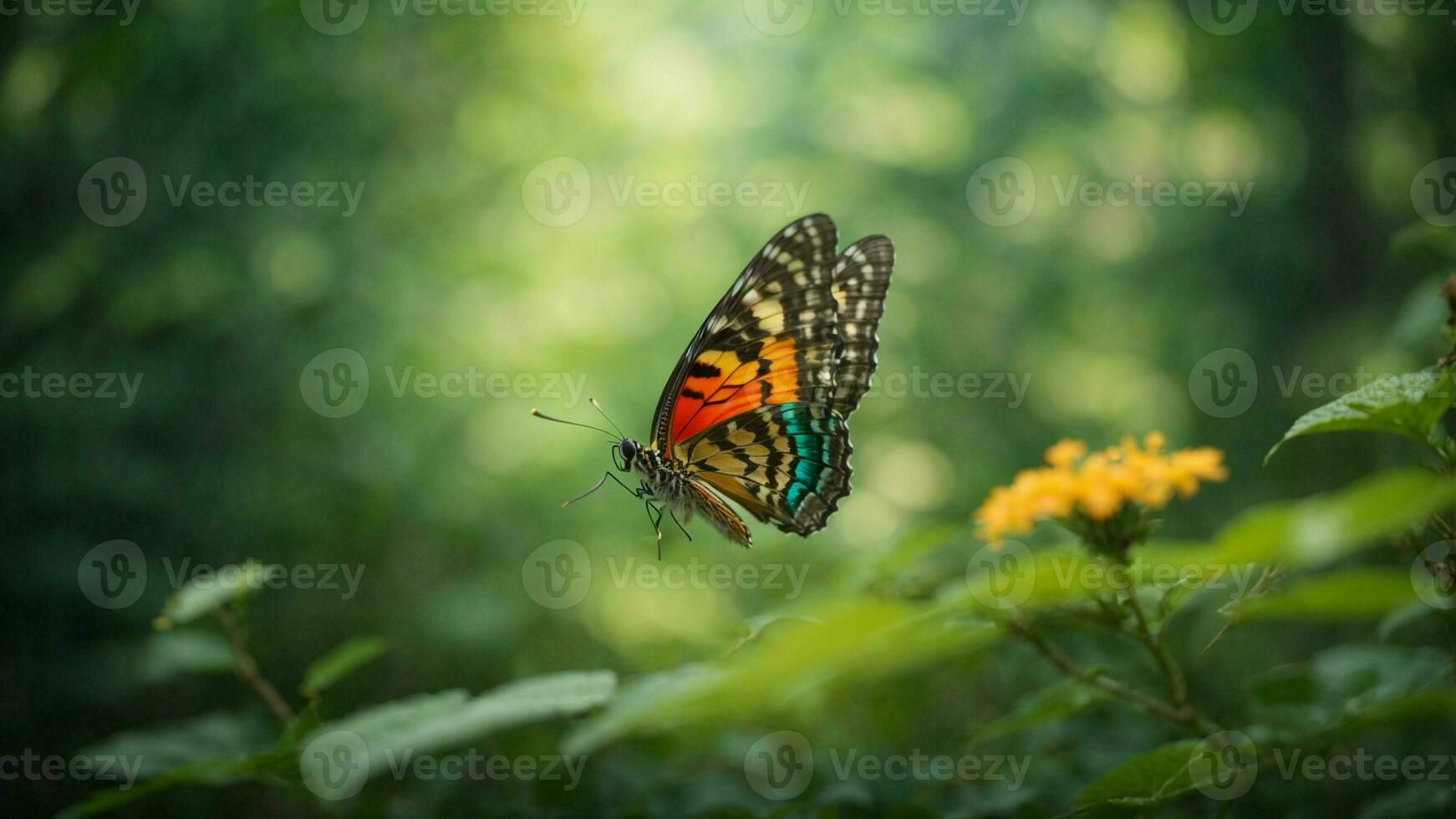 natura sfondo con un' bellissimo volante farfalla con verde foresta ai generativo foto