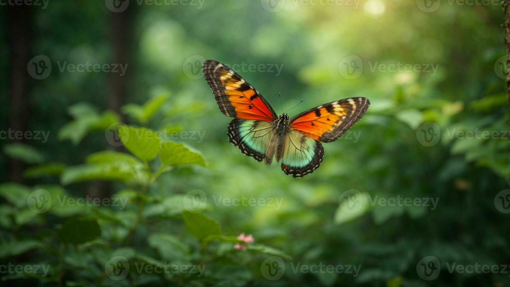 natura sfondo con un' bellissimo volante farfalla con verde foresta ai generativo foto