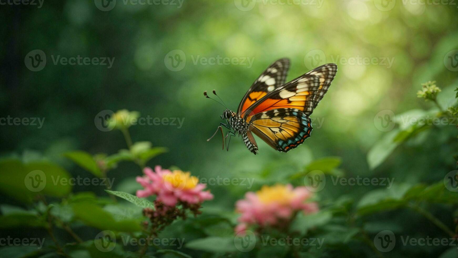 natura sfondo con un' bellissimo volante farfalla con verde foresta ai generativo foto