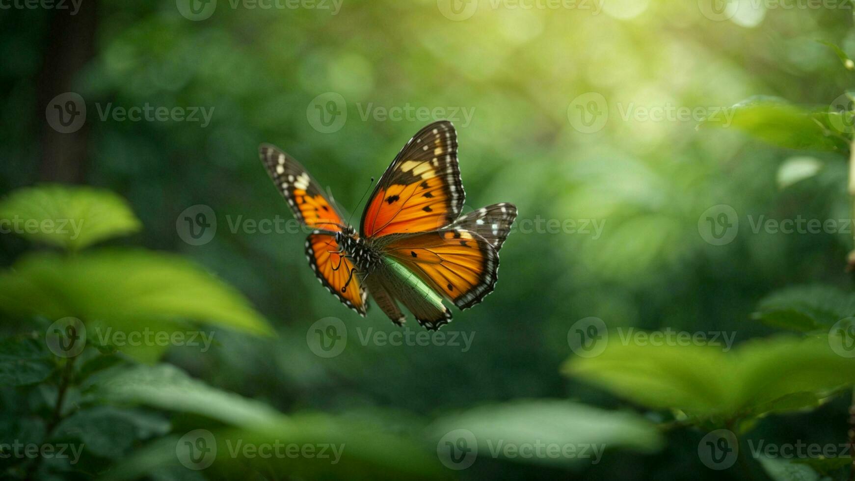 natura sfondo con un' bellissimo volante farfalla con verde foresta ai generativo foto