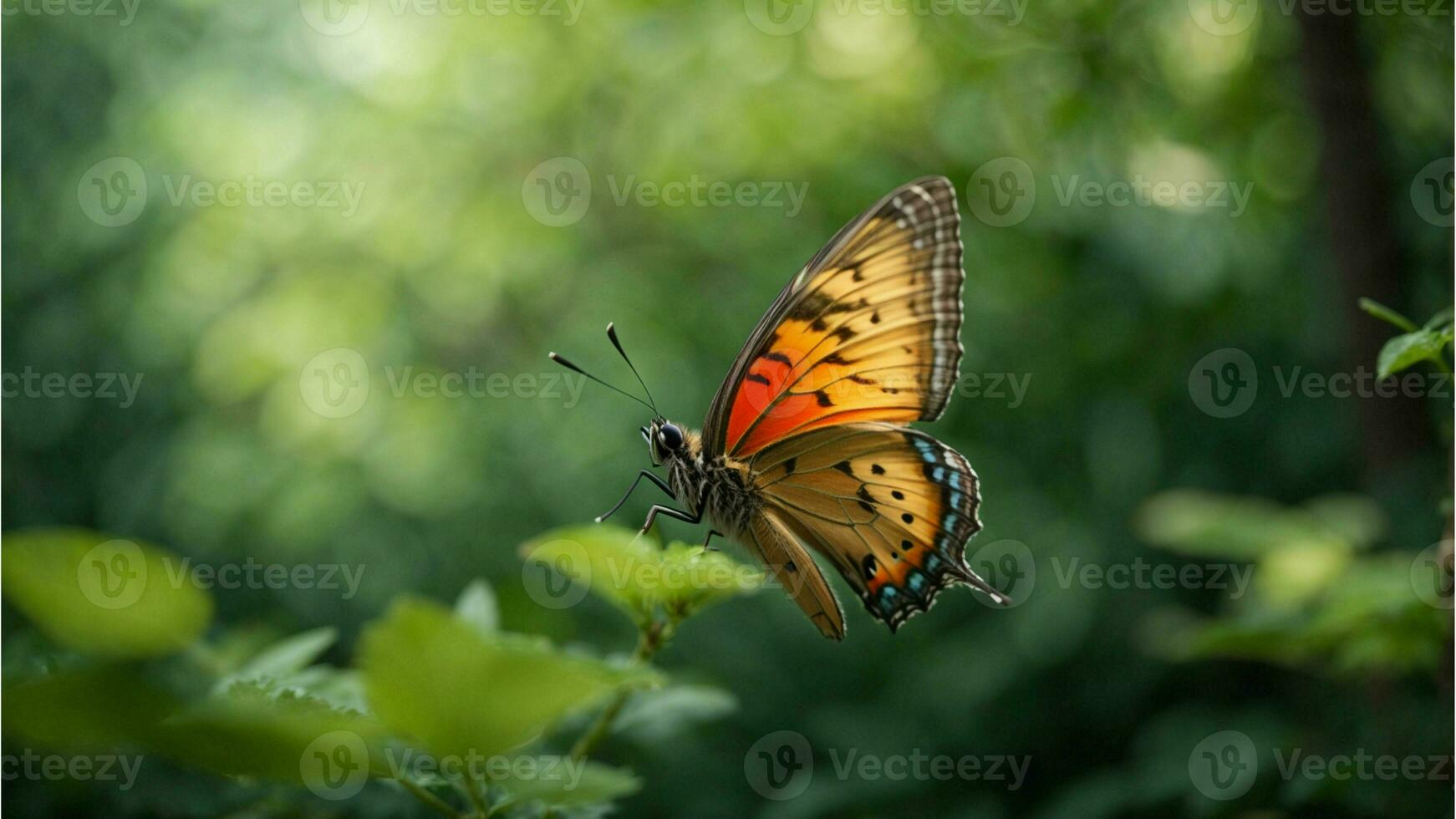 natura sfondo con un' bellissimo volante farfalla con verde foresta ai generativo foto