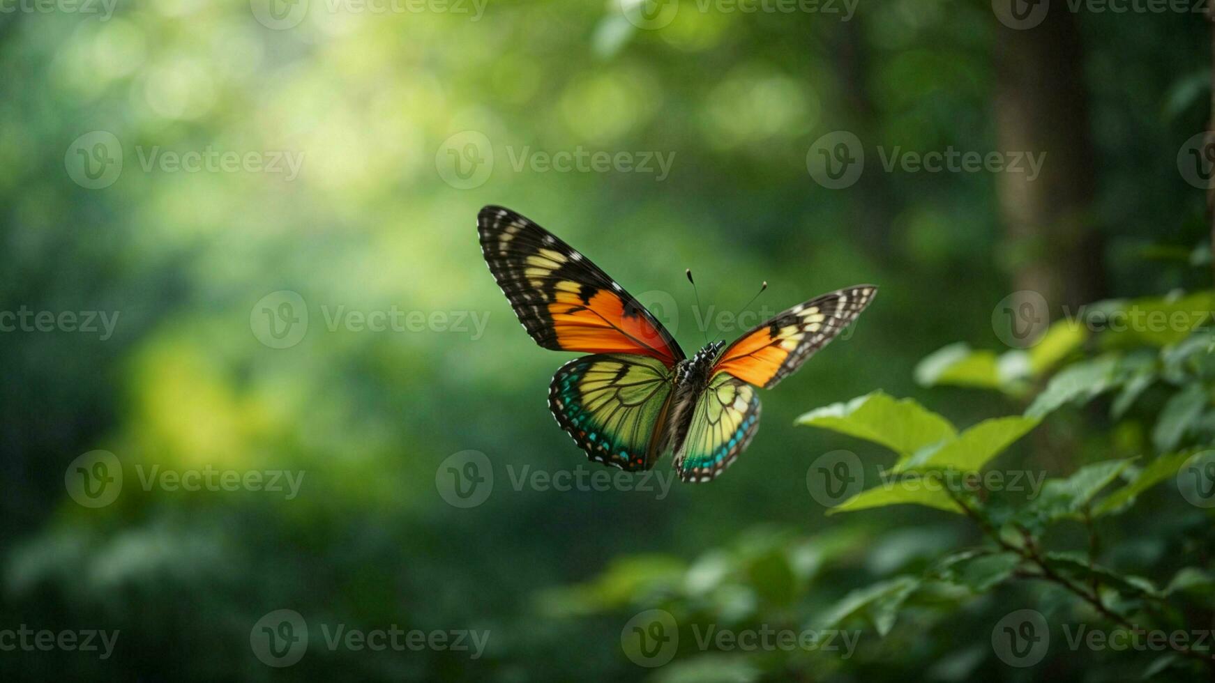 natura sfondo con un' bellissimo volante farfalla con verde foresta ai generativo foto