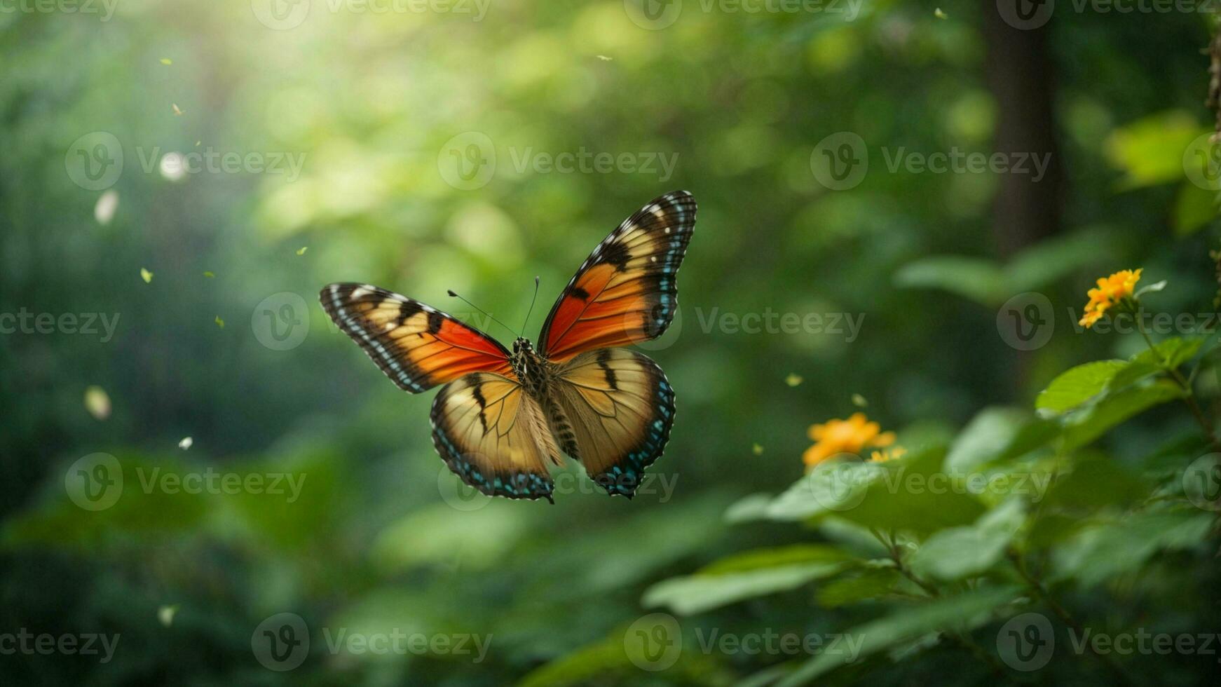 natura sfondo con un' bellissimo volante farfalla con verde foresta ai generativo foto