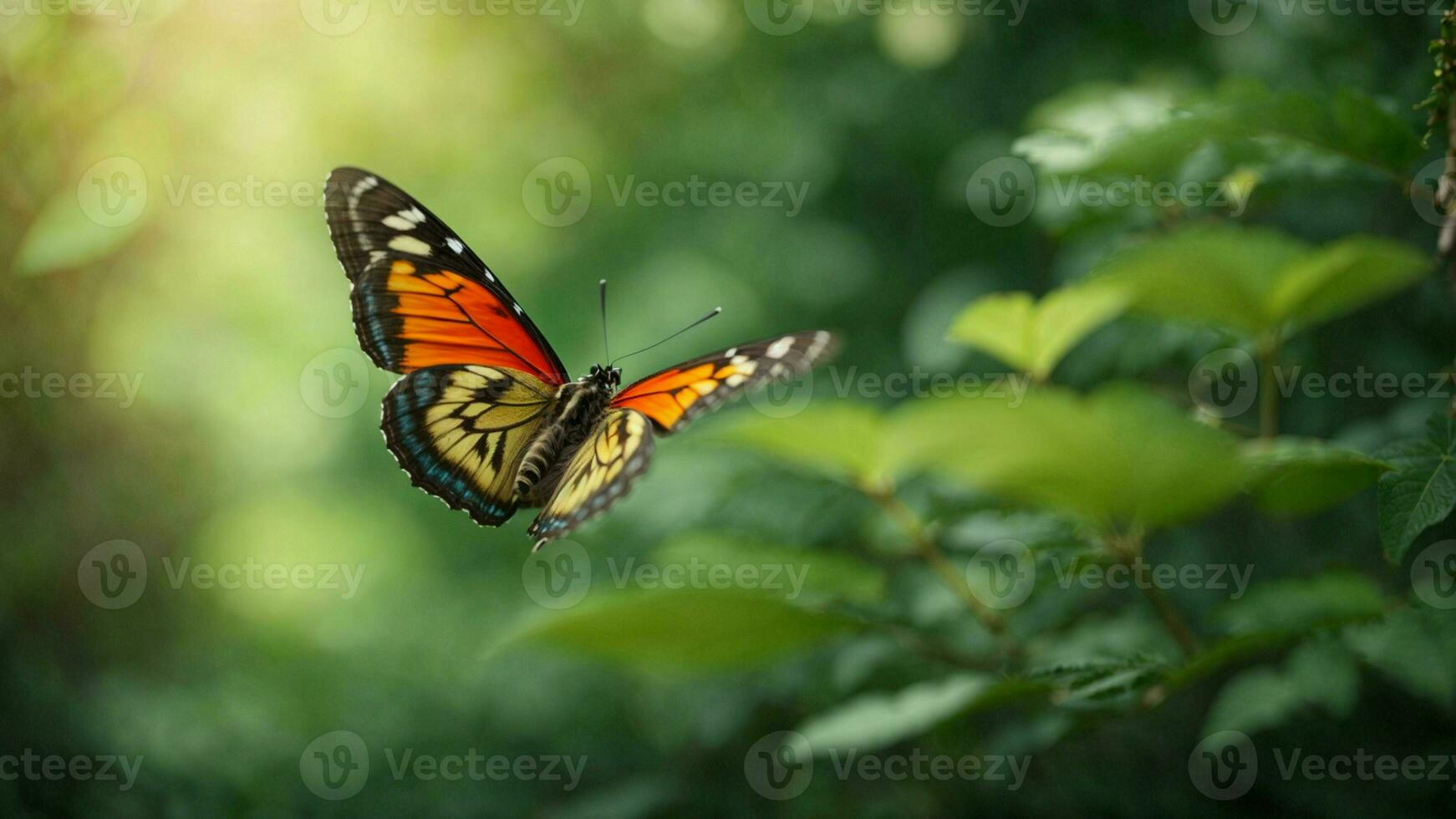 natura sfondo con un' bellissimo volante farfalla con verde foresta ai generativo foto