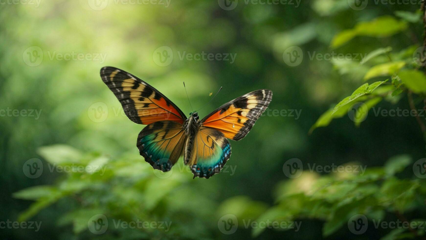 natura sfondo con un' bellissimo volante farfalla con verde foresta ai generativo foto