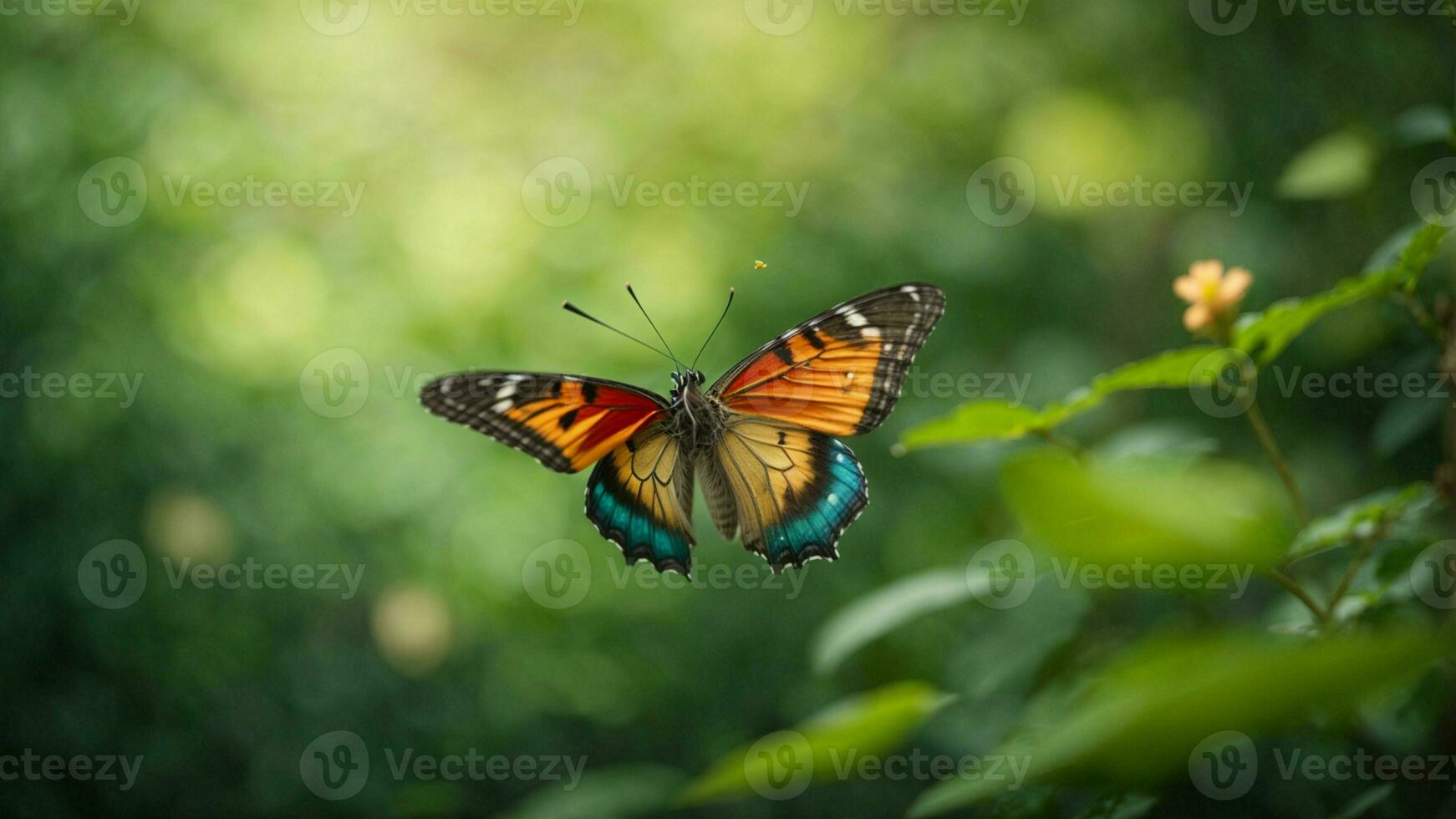 natura sfondo con un' bellissimo volante farfalla con verde foresta ai generativo foto