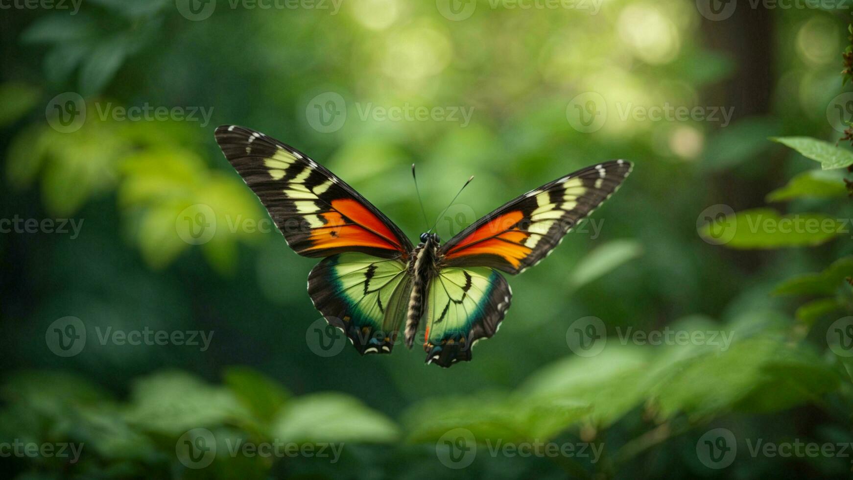 natura sfondo con un' bellissimo volante farfalla con verde foresta ai generativo foto