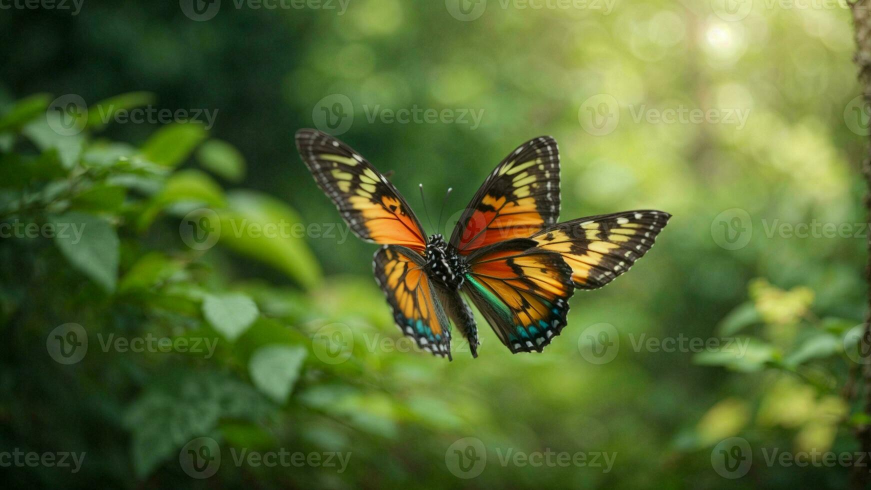 natura sfondo con un' bellissimo volante farfalla con verde foresta ai generativo foto