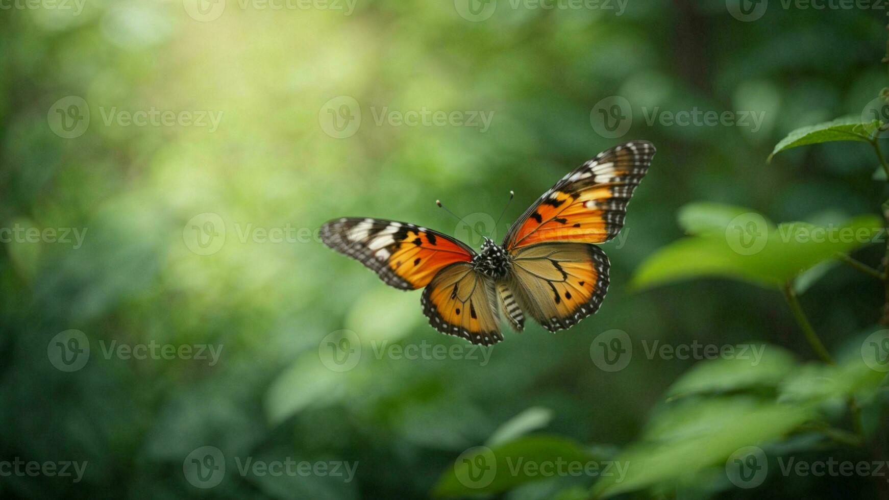 natura sfondo con un' bellissimo volante farfalla con verde foresta ai generativo foto