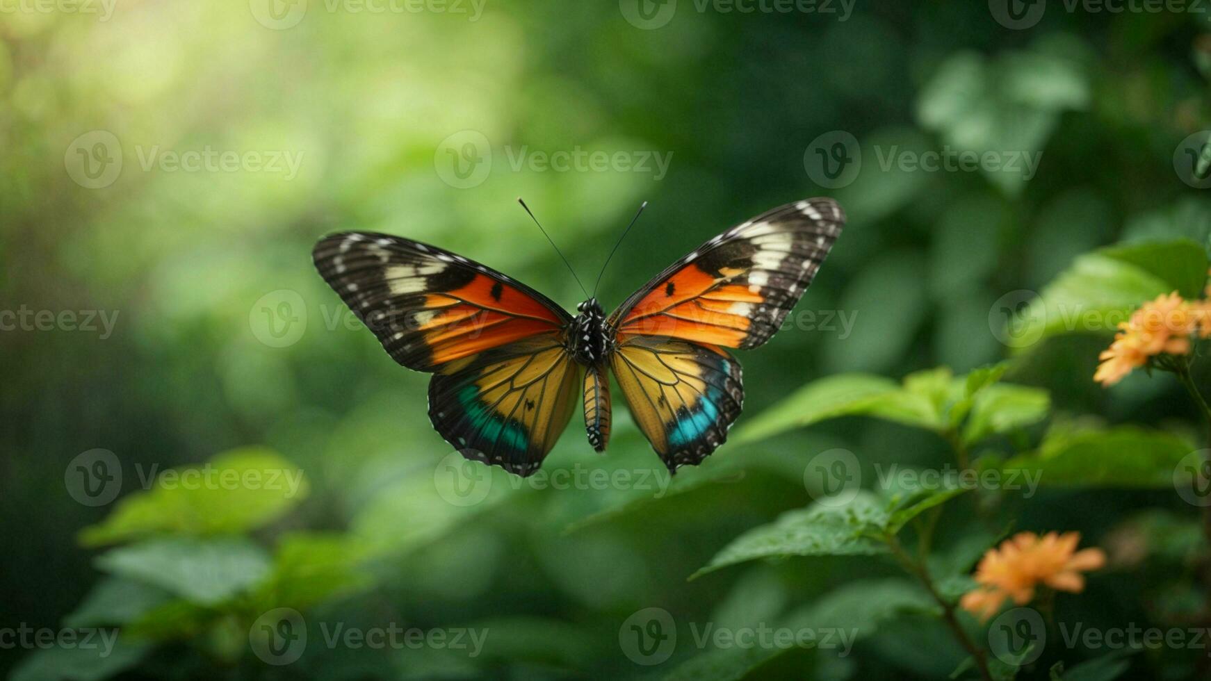 natura sfondo con un' bellissimo volante farfalla con verde foresta ai generativo foto