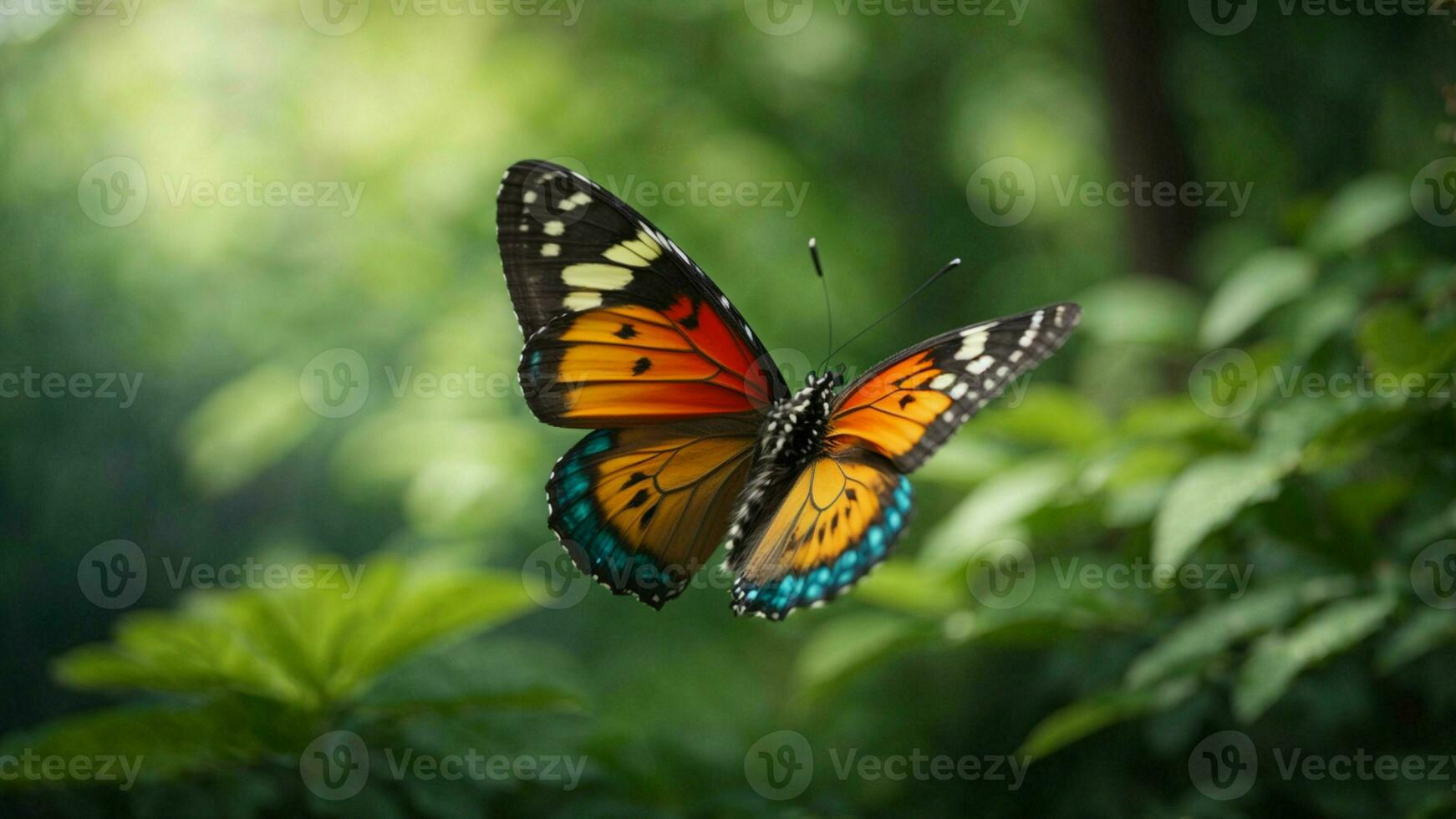 natura sfondo con un' bellissimo volante farfalla con verde foresta ai generativo foto