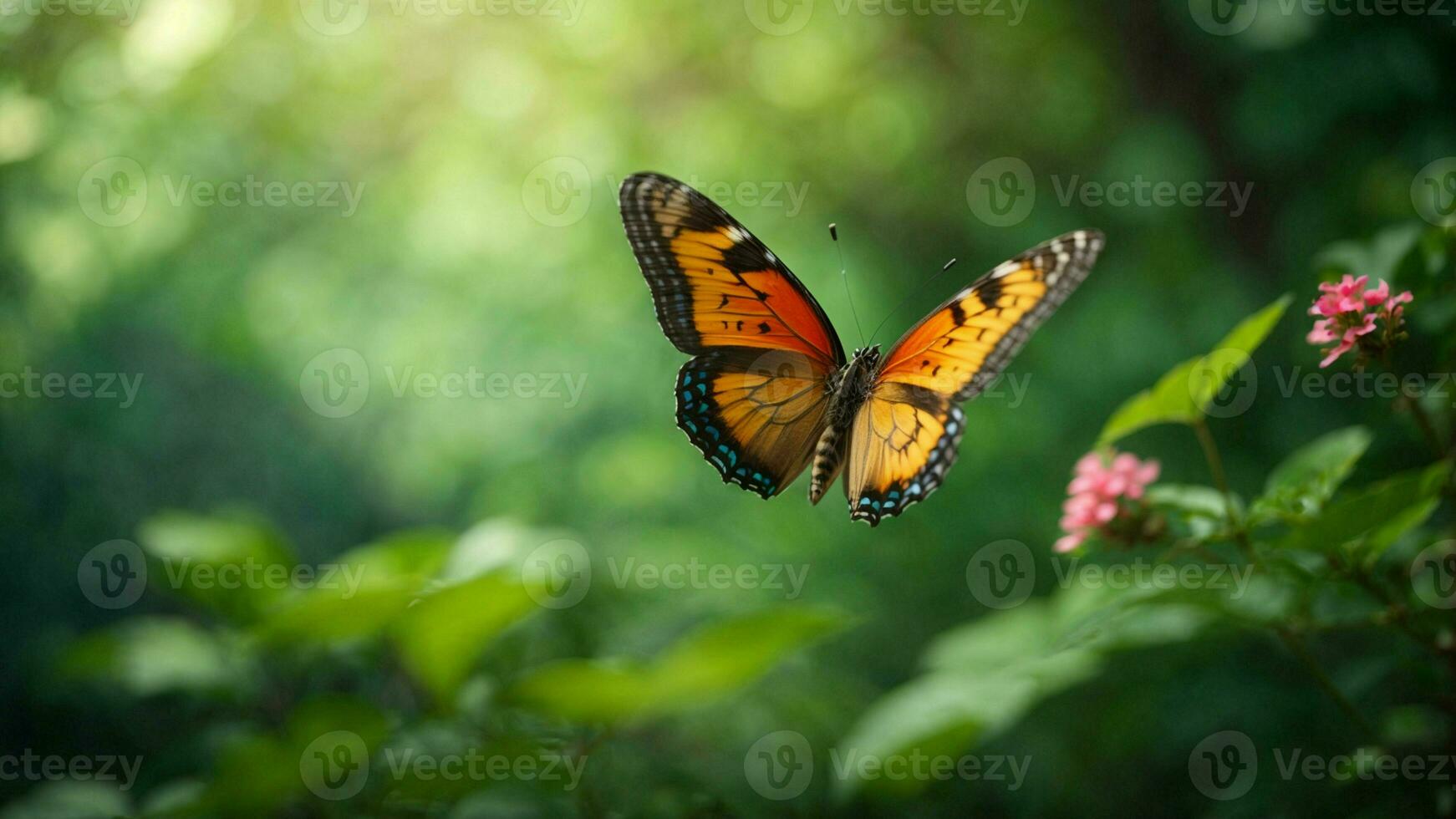 natura sfondo con un' bellissimo volante farfalla con verde foresta ai generativo foto