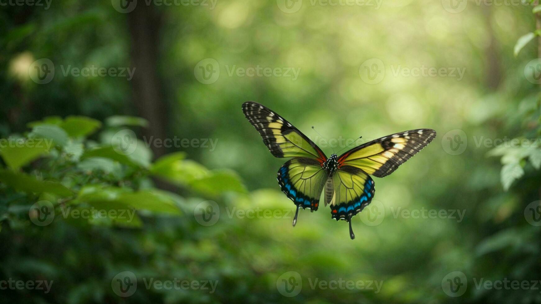 natura sfondo con un' bellissimo volante farfalla con verde foresta ai generativo foto