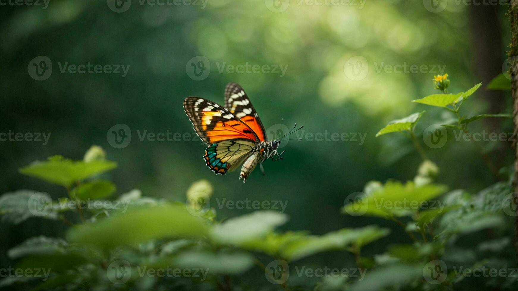 natura sfondo con un' bellissimo volante farfalla con verde foresta ai generativo foto