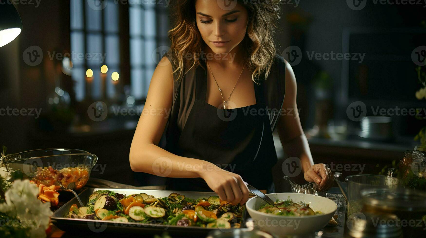 fotografia femmina capocuoco servi delizioso verdura menù generato di ai foto