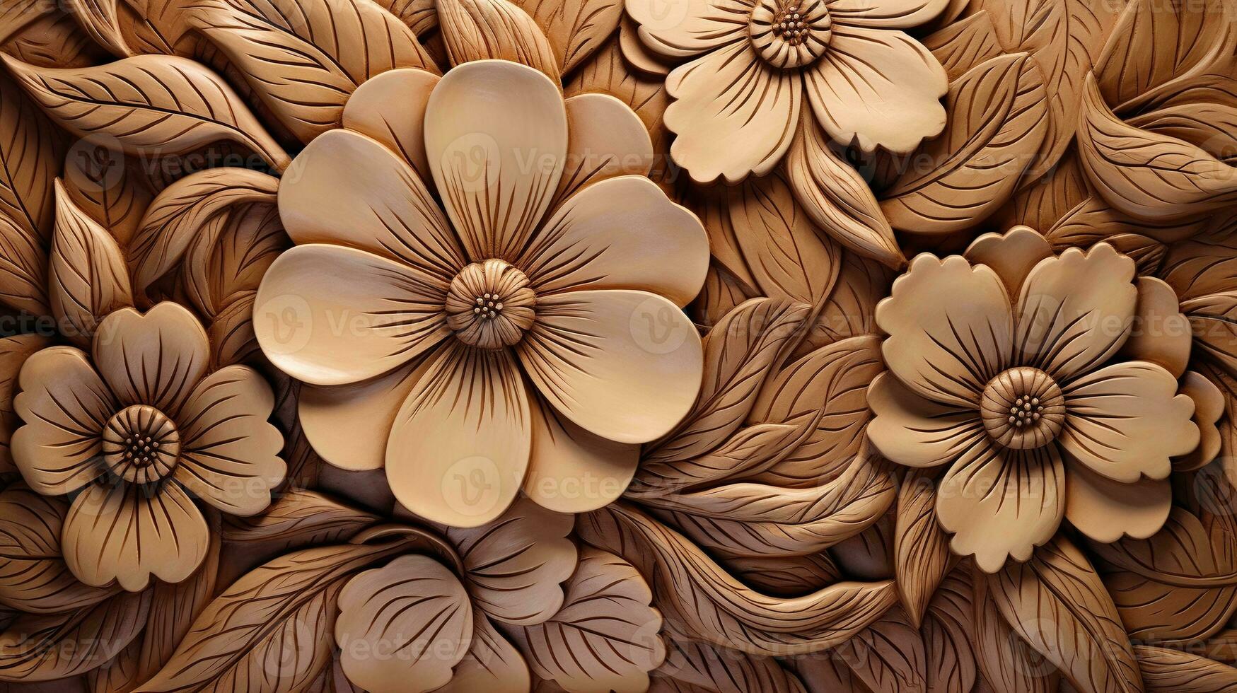 generativo ai, intaglio naturale di legno fiori, 3d modello, Marrone e beige sfondo foto