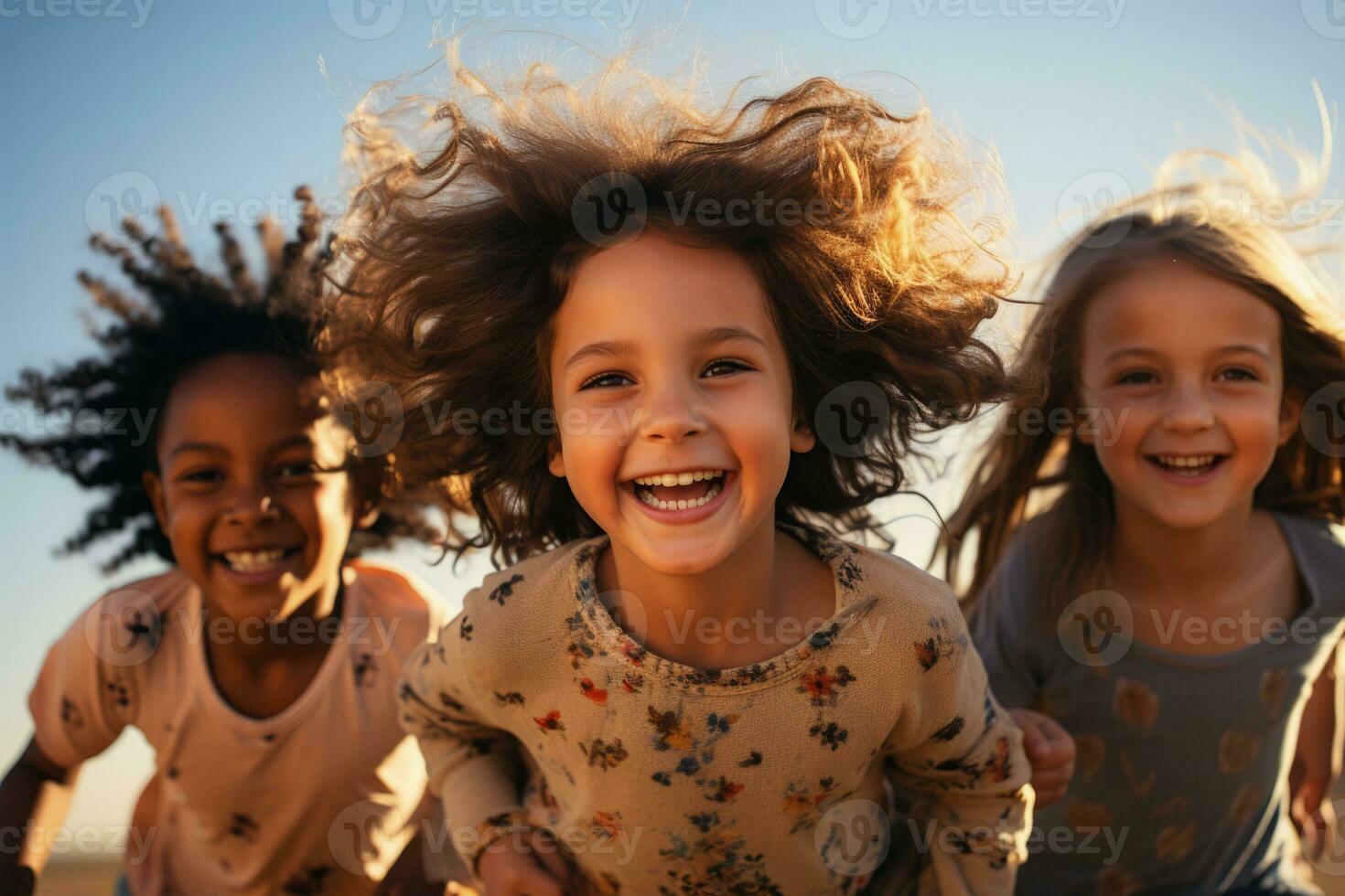 Multi etnico bambini giocando all'aperto isolato su un' vivace pendenza sfondo foto