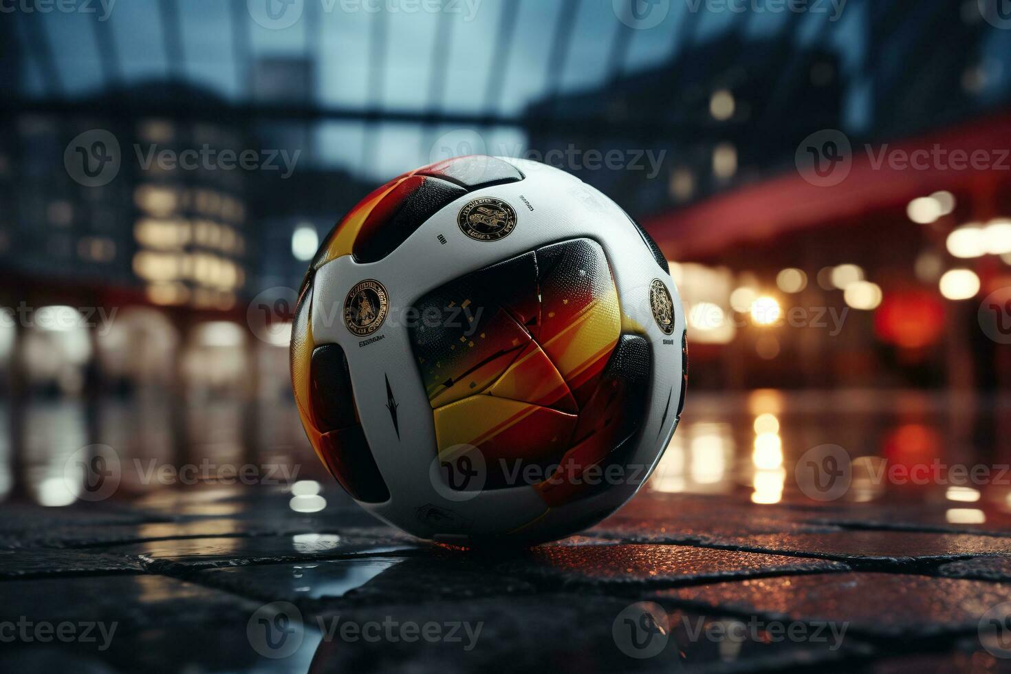 avvicinamento Immagine di un' calcio palla su il asfalto con un' sfocato sfondo. mondo tazza concetto. creato di artificiale intelligenza foto