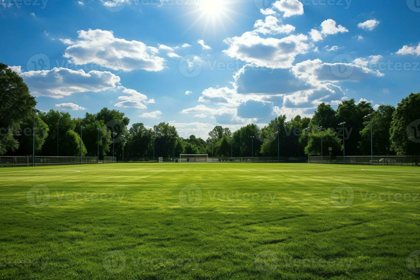 dilettante vuoto calcio campo su un' soleggiato giorno. creato di artificiale intelligenza foto