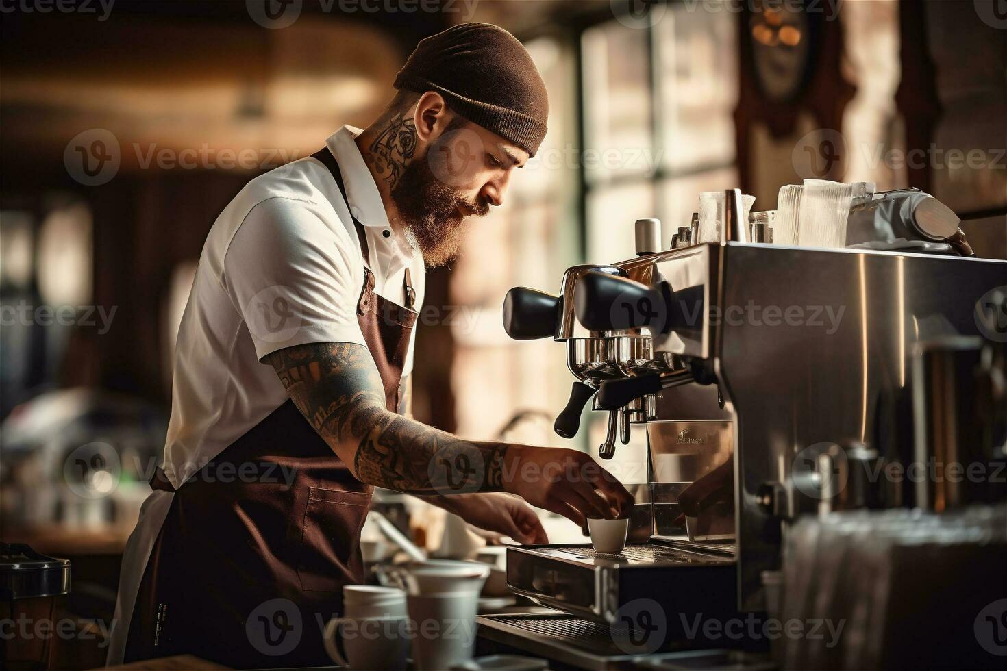 maschio barista fabbricazione caffè su caffè espresso macchina. accogliente bar con naturale luce. uomo con barba e tatuaggi preparazione caffè per clienti. internazionale caffè giorno concetto. ai generativo foto