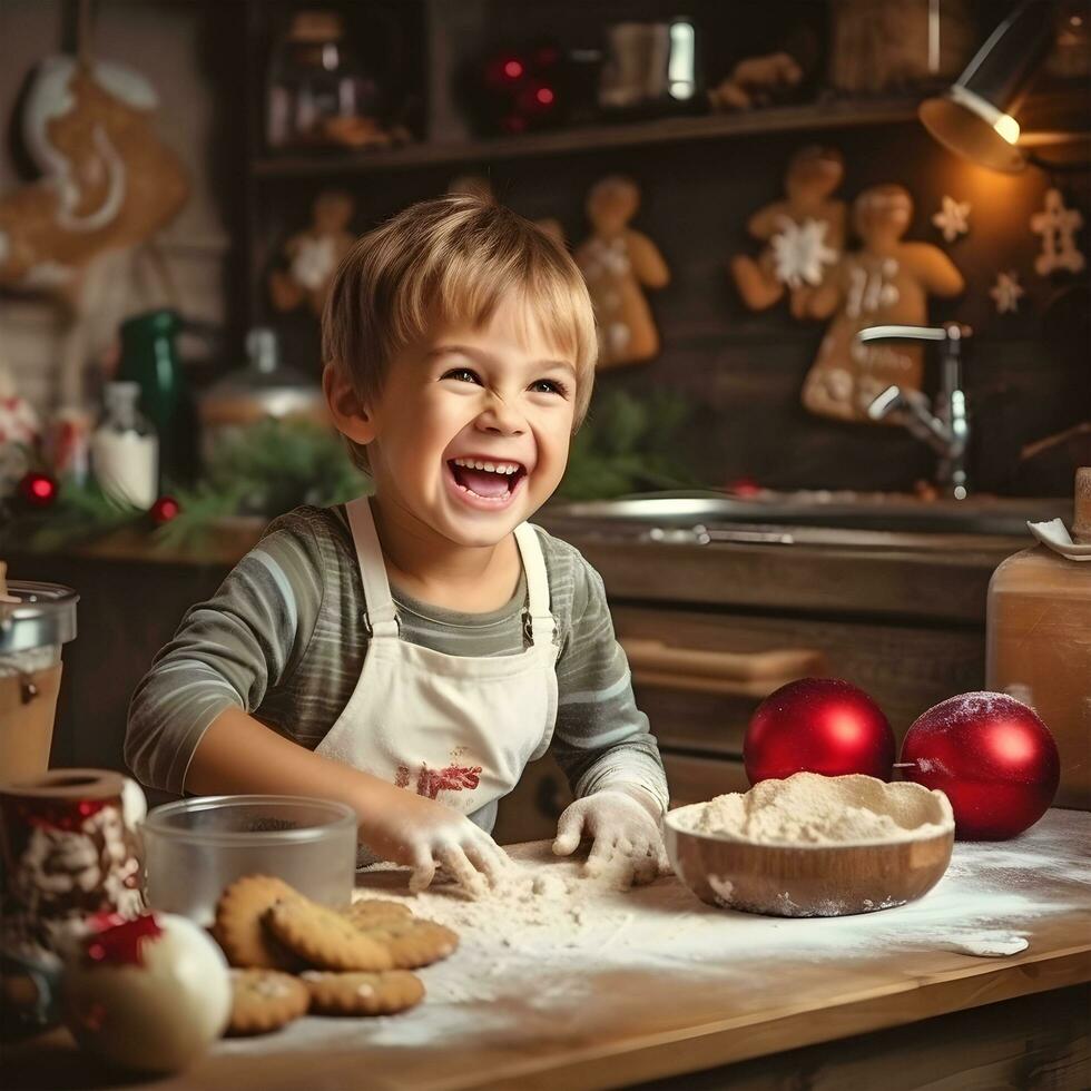 poco ragazzo preparazione Natale biscotti. ai generativo foto