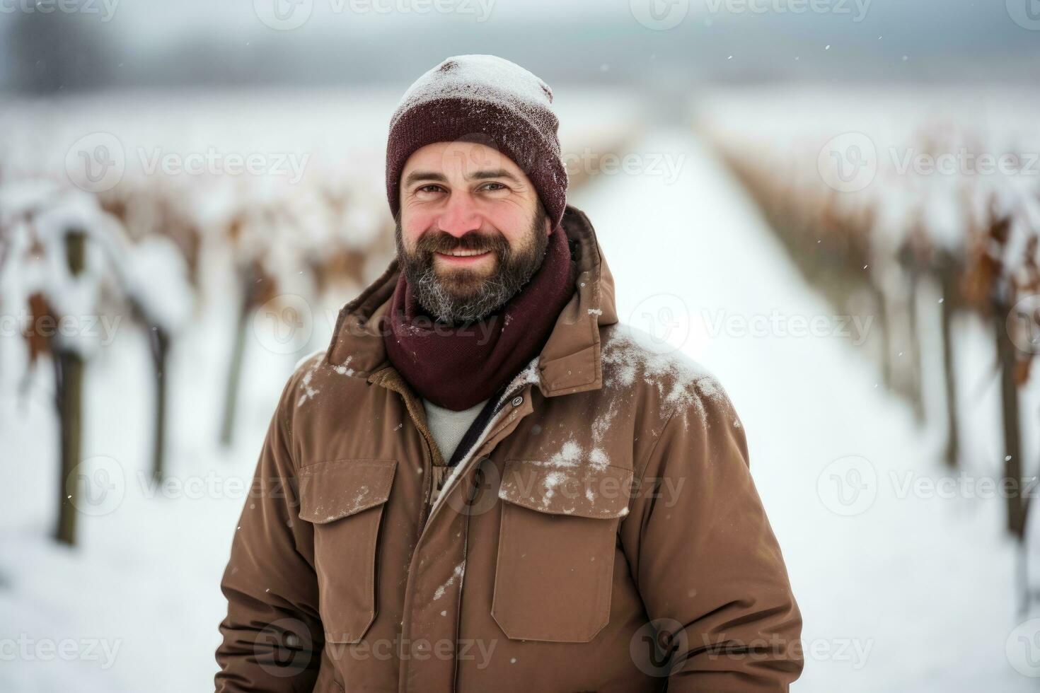 ritratto di un ghiaccio vino creatore nel neve coperto vigneto sfondo con vuoto spazio per testo foto