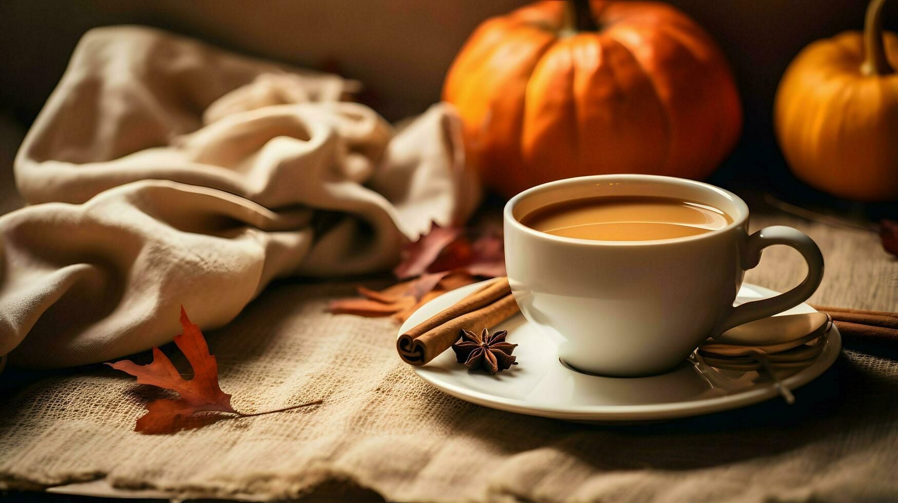 zucca Spezia tazza di tè azione foto, accogliente l'ora del tè autunno bere, generativo ai foto