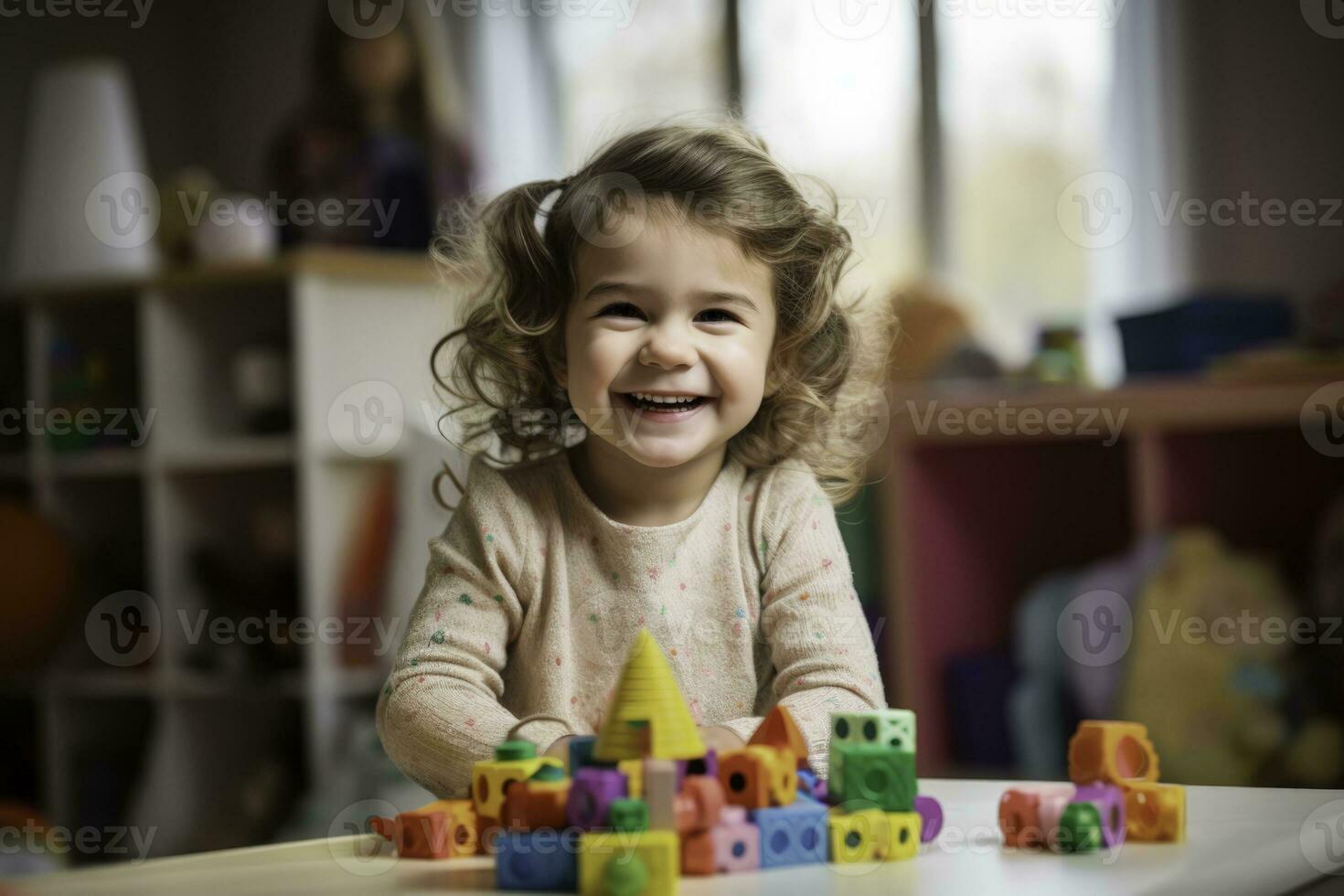 bambino con gioia impegna con giocattoli durante progressivo guarigione giocare terapia foto