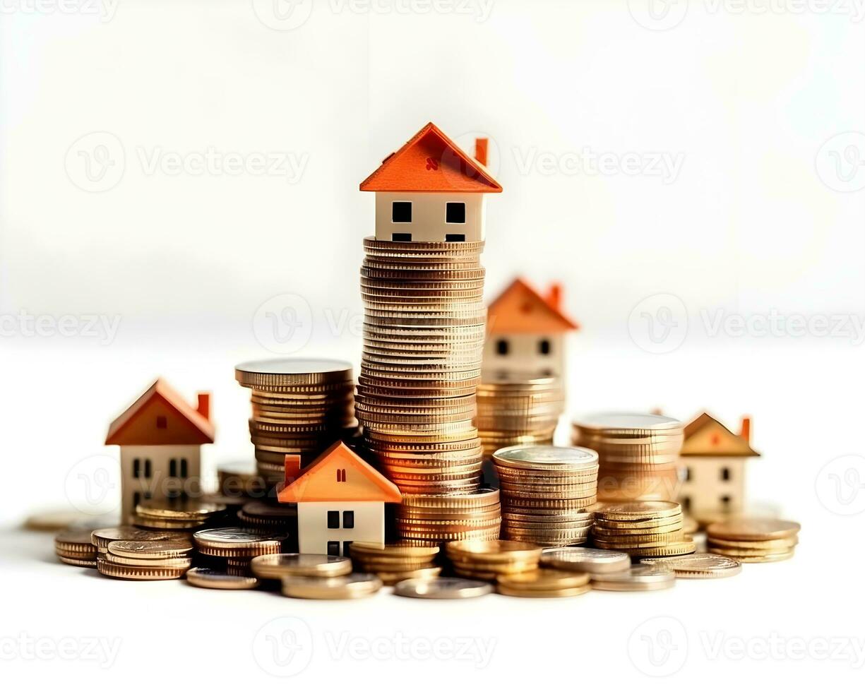 Casa modello e monete su bianca sfondo. vero tenuta e investimento concetto. foto