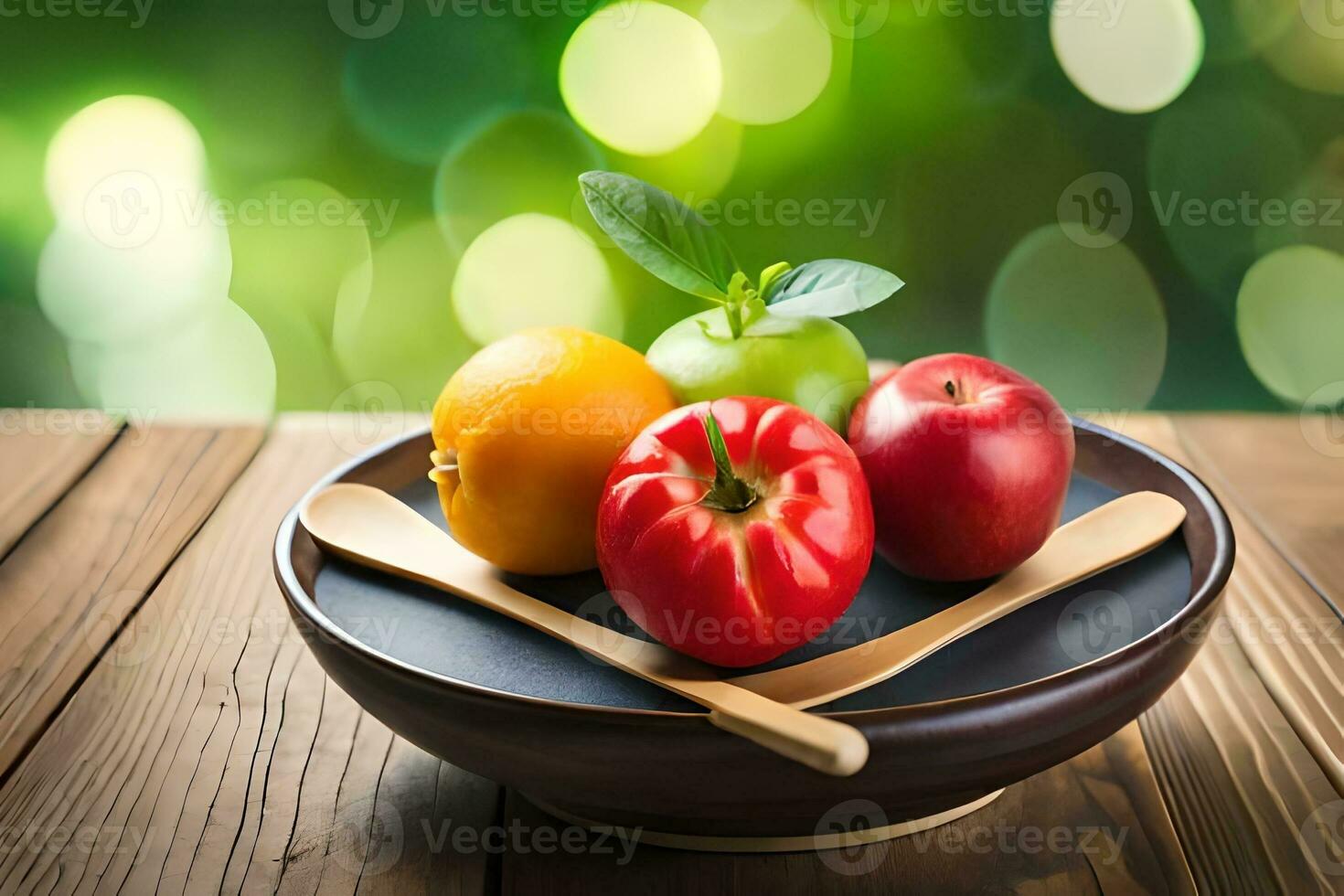 fresco frutta e verdure nel un' ciotola su un' di legno tavolo. ai-generato foto