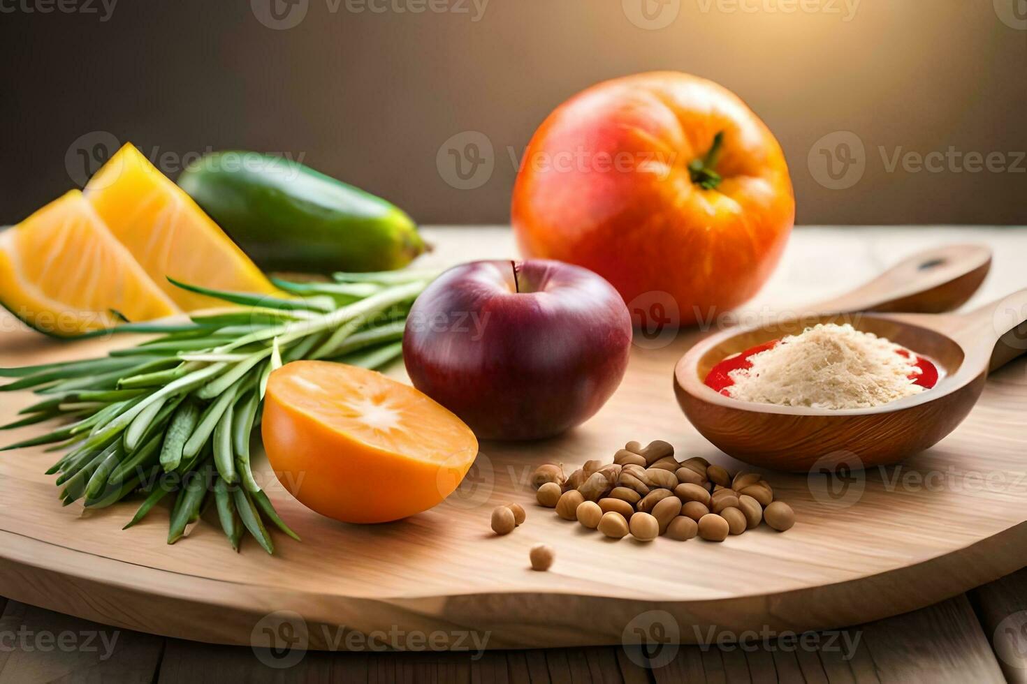 fresco frutta e verdure su un' taglio tavola. ai-generato foto