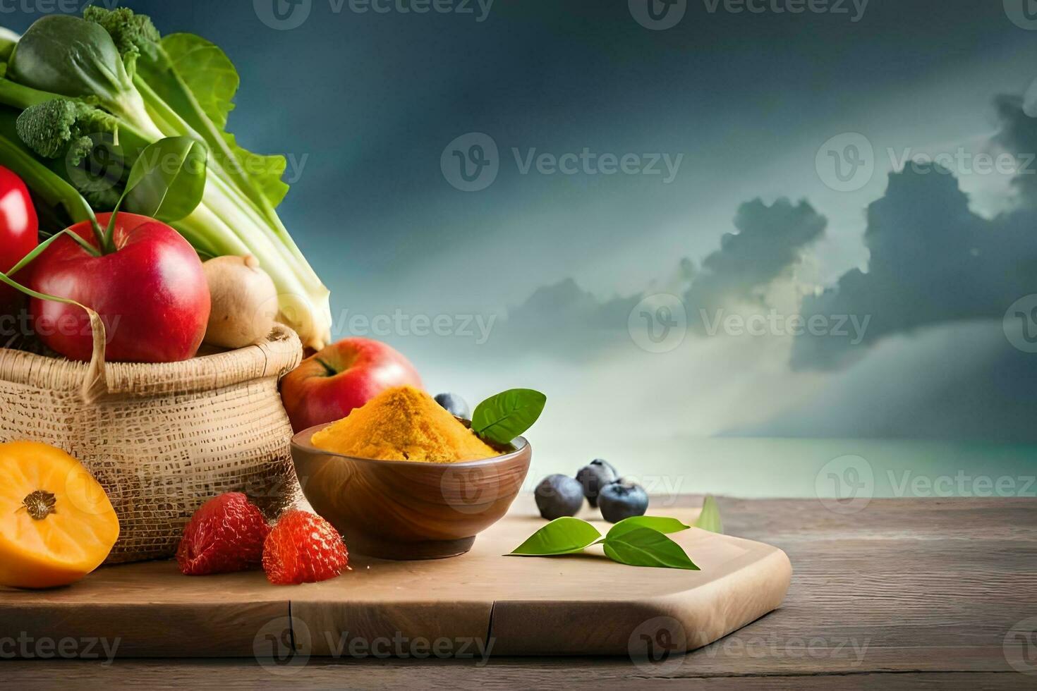 fresco frutta e verdure nel un' cestino su un' di legno tavolo. ai-generato foto