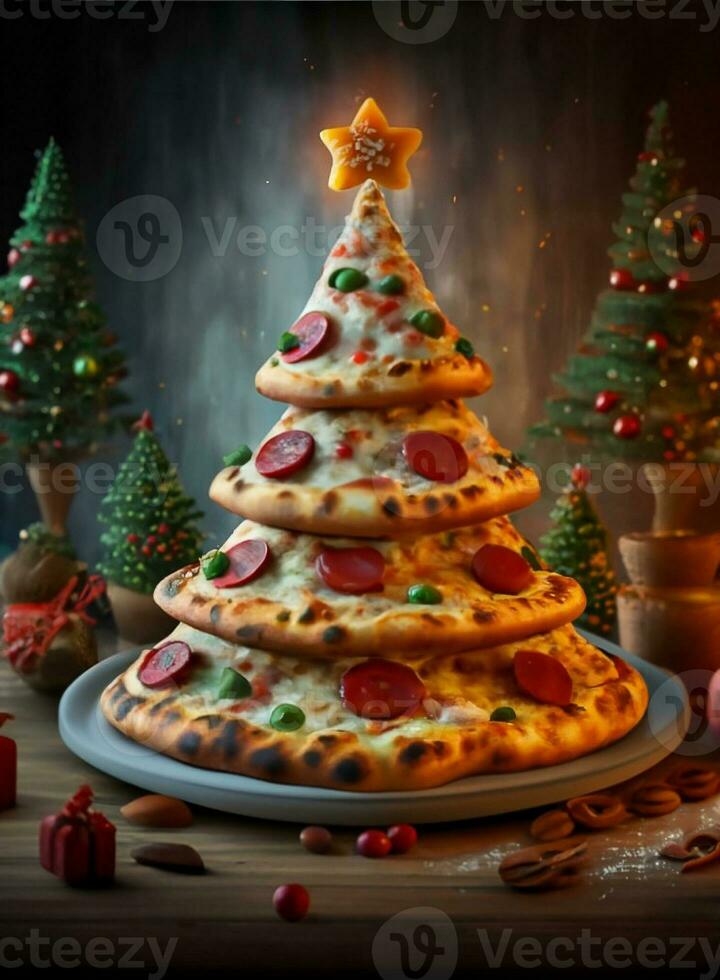 grafica di un' Natale albero di pezzi di Pizza con peperoni su il Natale vigilia tavolo foto