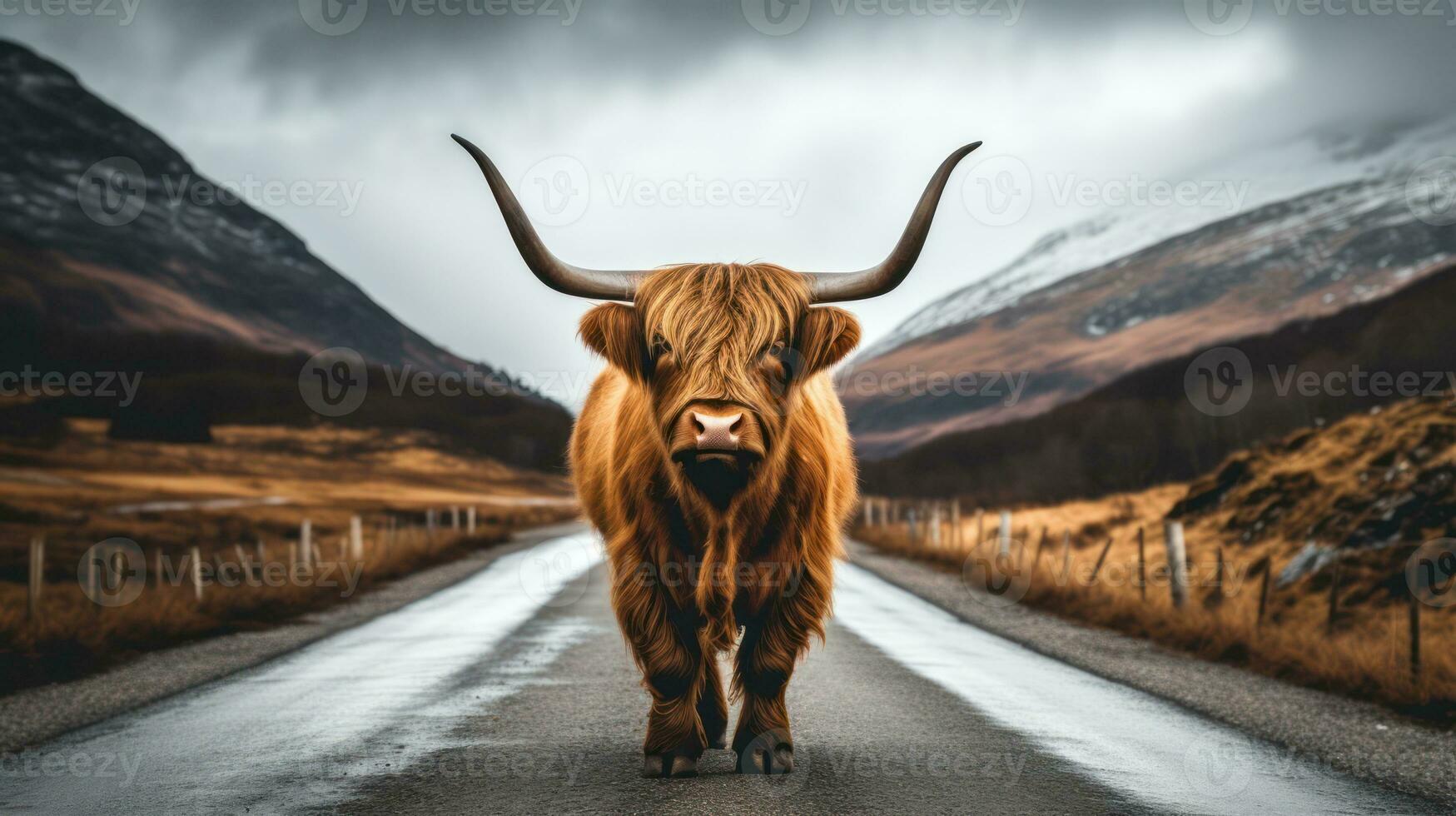 montanaro mucca attraversamento il strada nel glencoe, Scozia, UK generativo ai foto