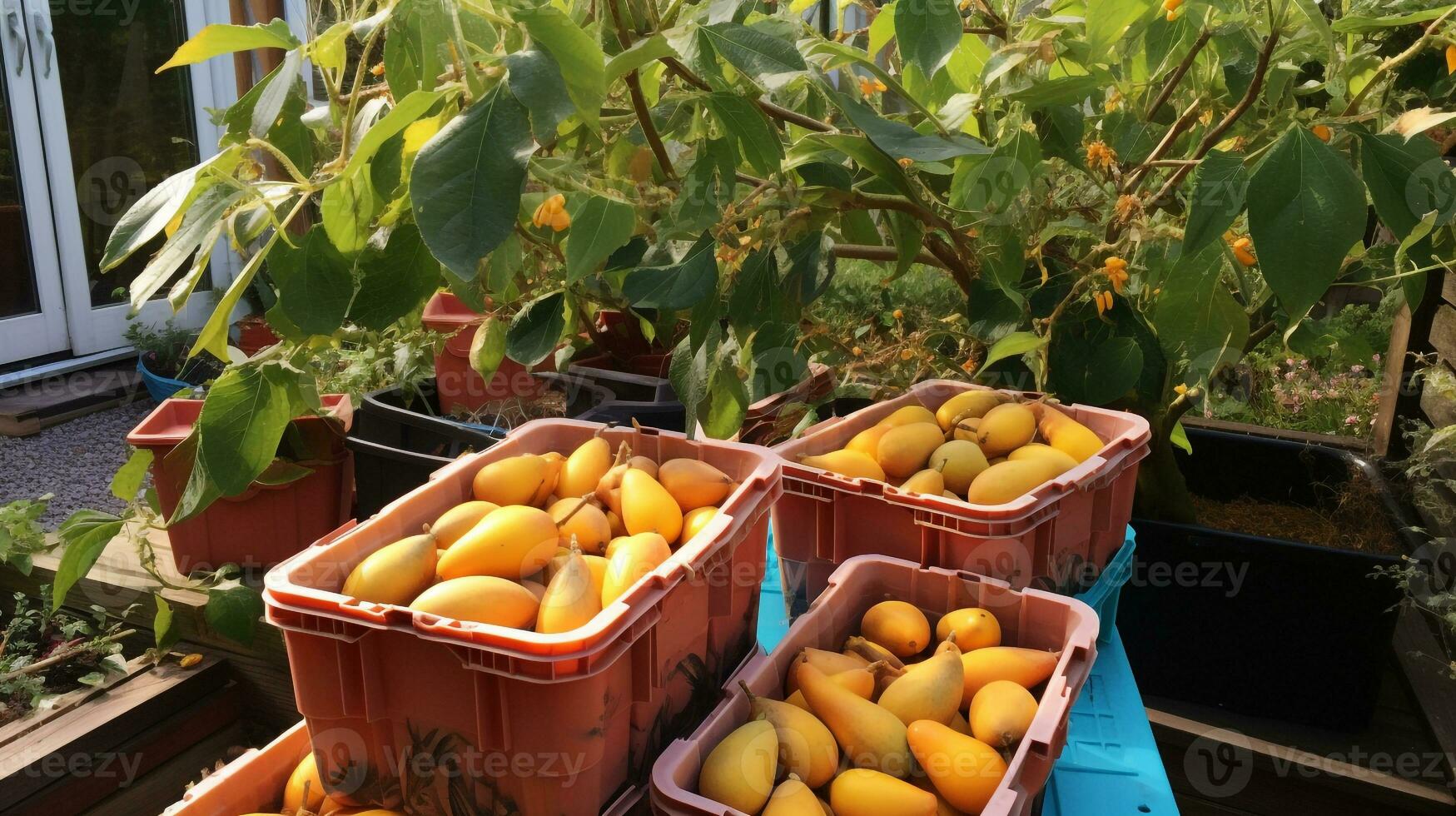 appena raccolto uovo frutta a partire dal giardino posto nel il scatole. generativo ai foto