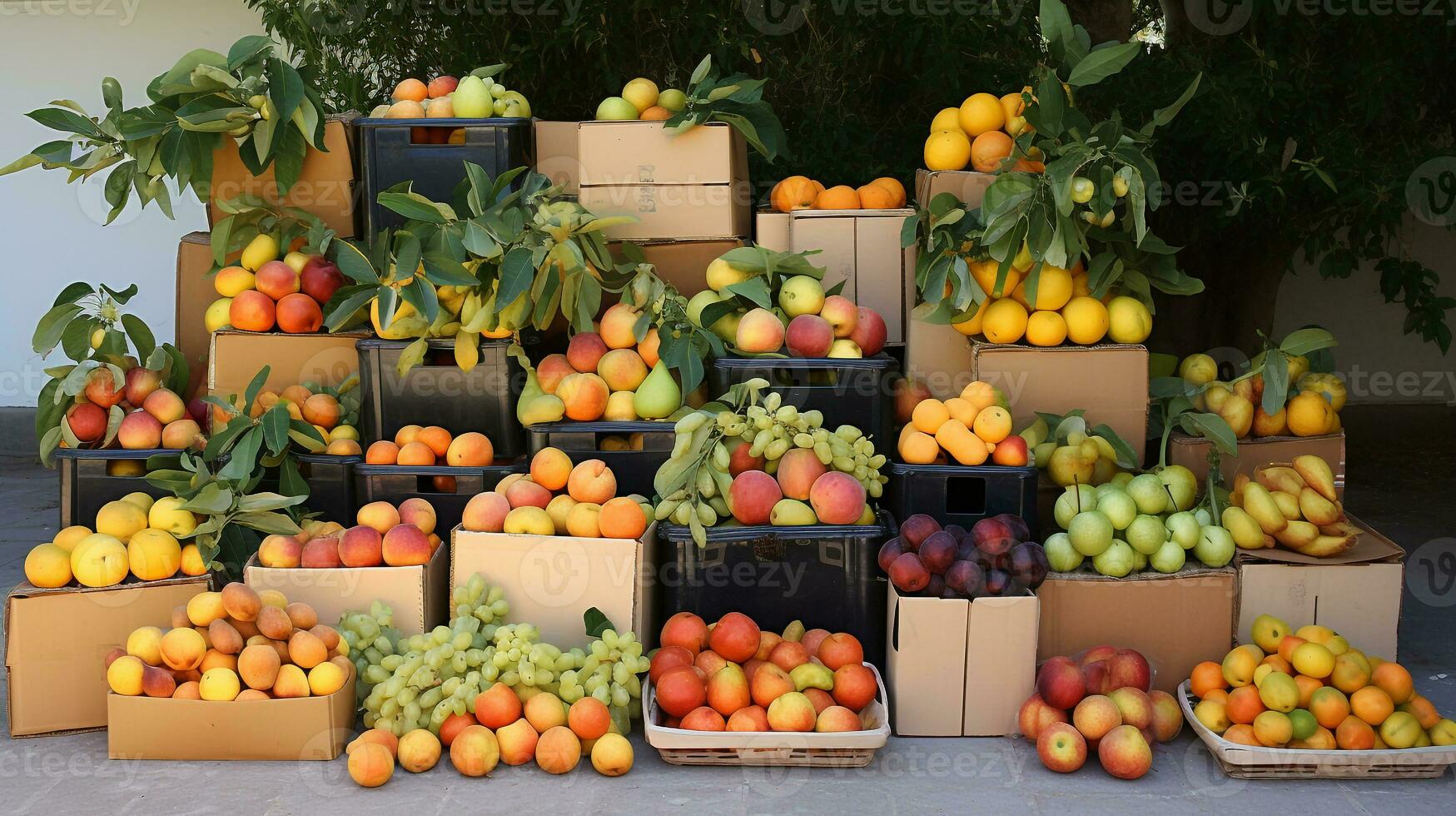 appena raccolto chico frutta a partire dal giardino posto nel il scatole. generativo ai foto