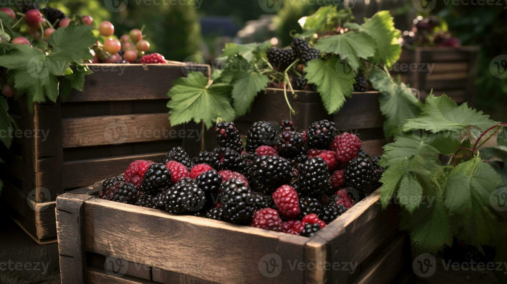 appena raccolto canistello frutta a partire dal giardino posto nel il scatole. generativo ai foto