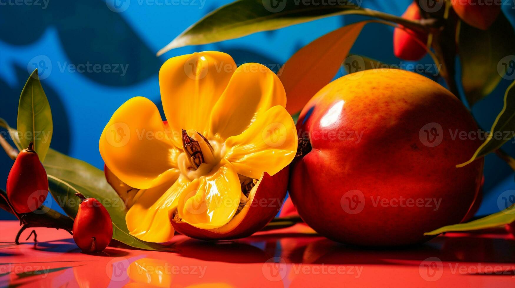 foto di ackee frutta metà contro un' colorato astratto sfondo. generativo ai