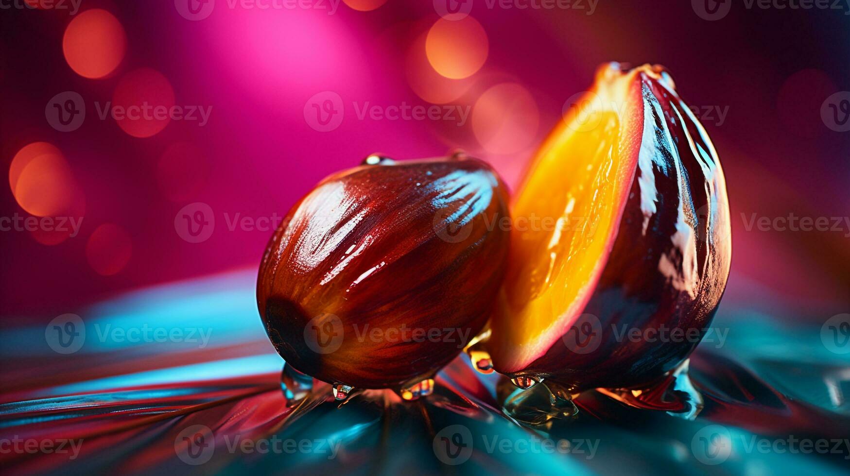 foto di palma frutta metà contro un' colorato astratto sfondo. generativo ai