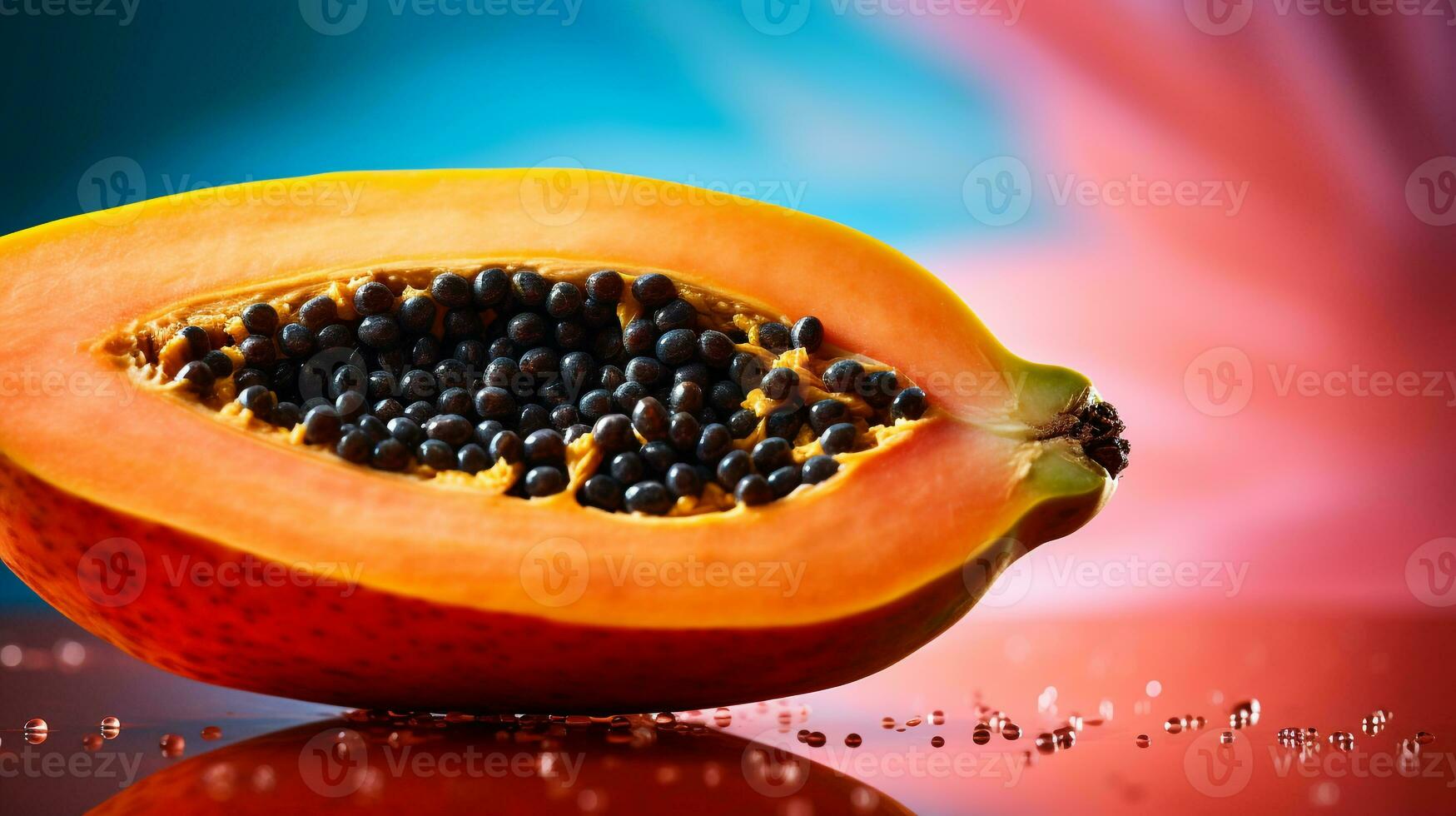 foto di papaia frutta metà contro un' colorato astratto sfondo. generativo ai