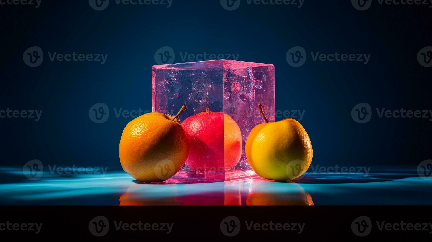 foto di caja frutta metà contro un' colorato astratto sfondo. generativo ai