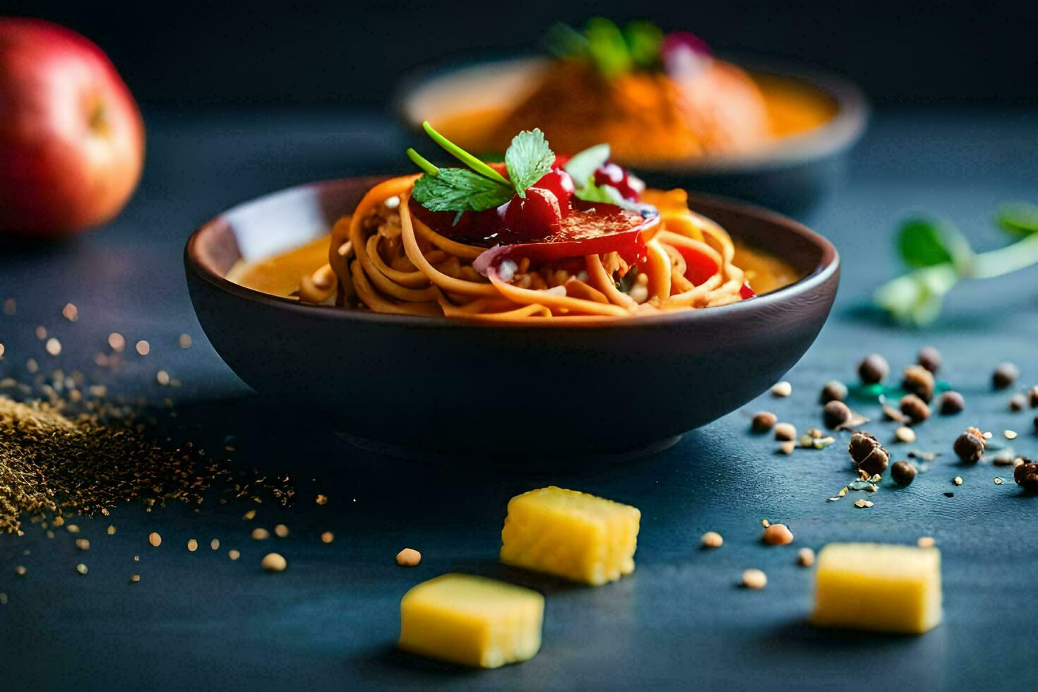 spaghetti con pomodoro salsa e formaggio nel un' ciotola. ai-generato foto