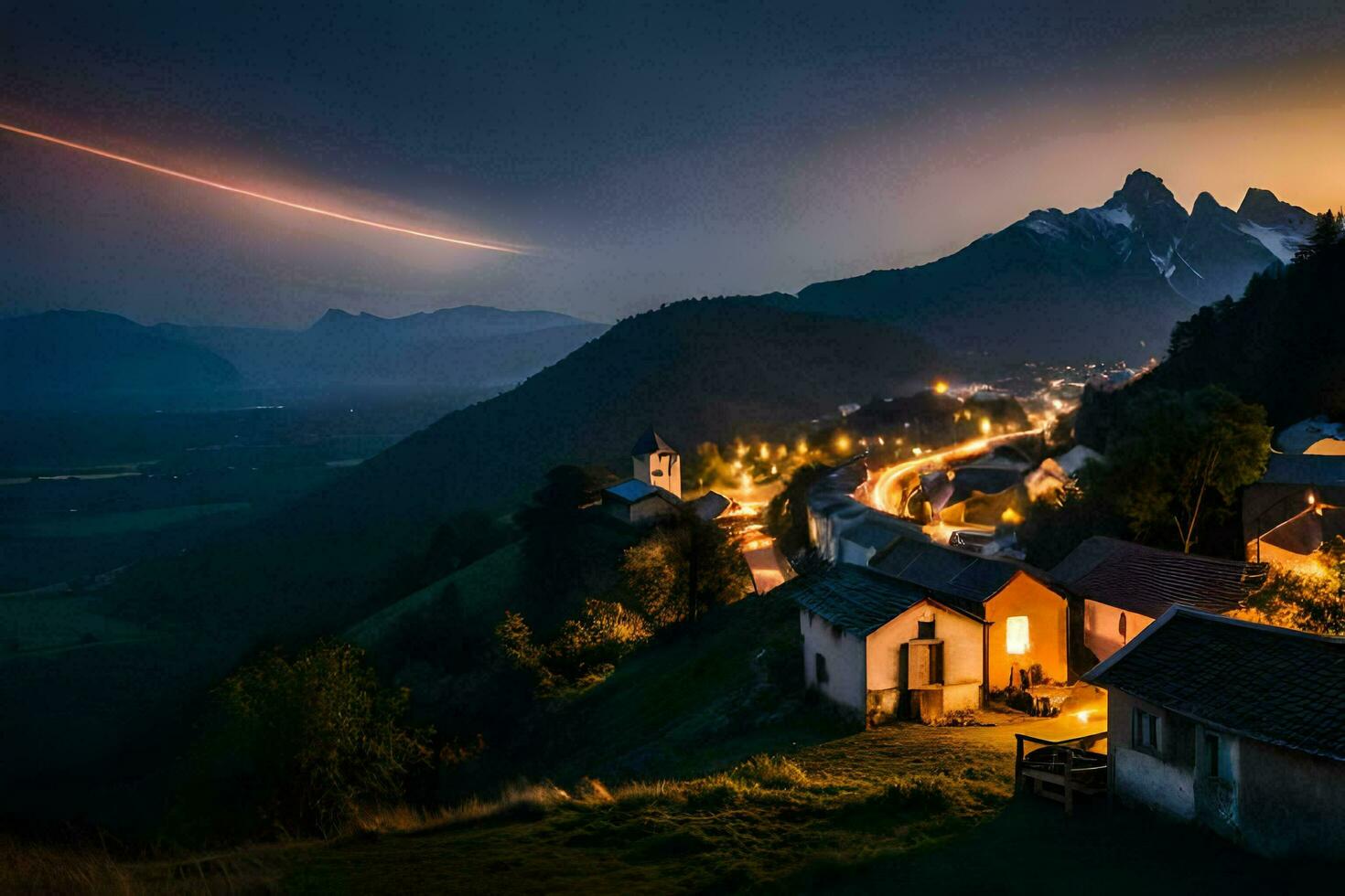 foto sfondo il cielo, montagne, notte, il villaggio, il Alpi, il Alpi. ai-generato