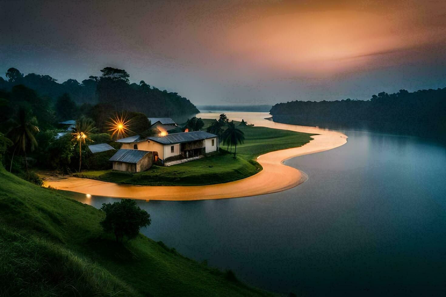 un' Casa si siede su il bordo di un' lago a crepuscolo. ai-generato foto