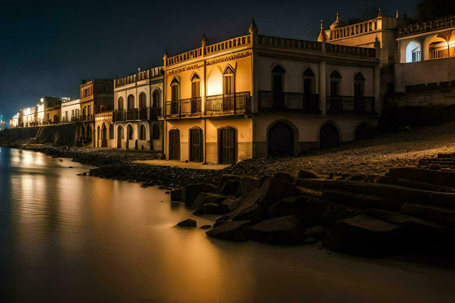 un' notte tiro di un' cittadina su il costa. ai-generato foto