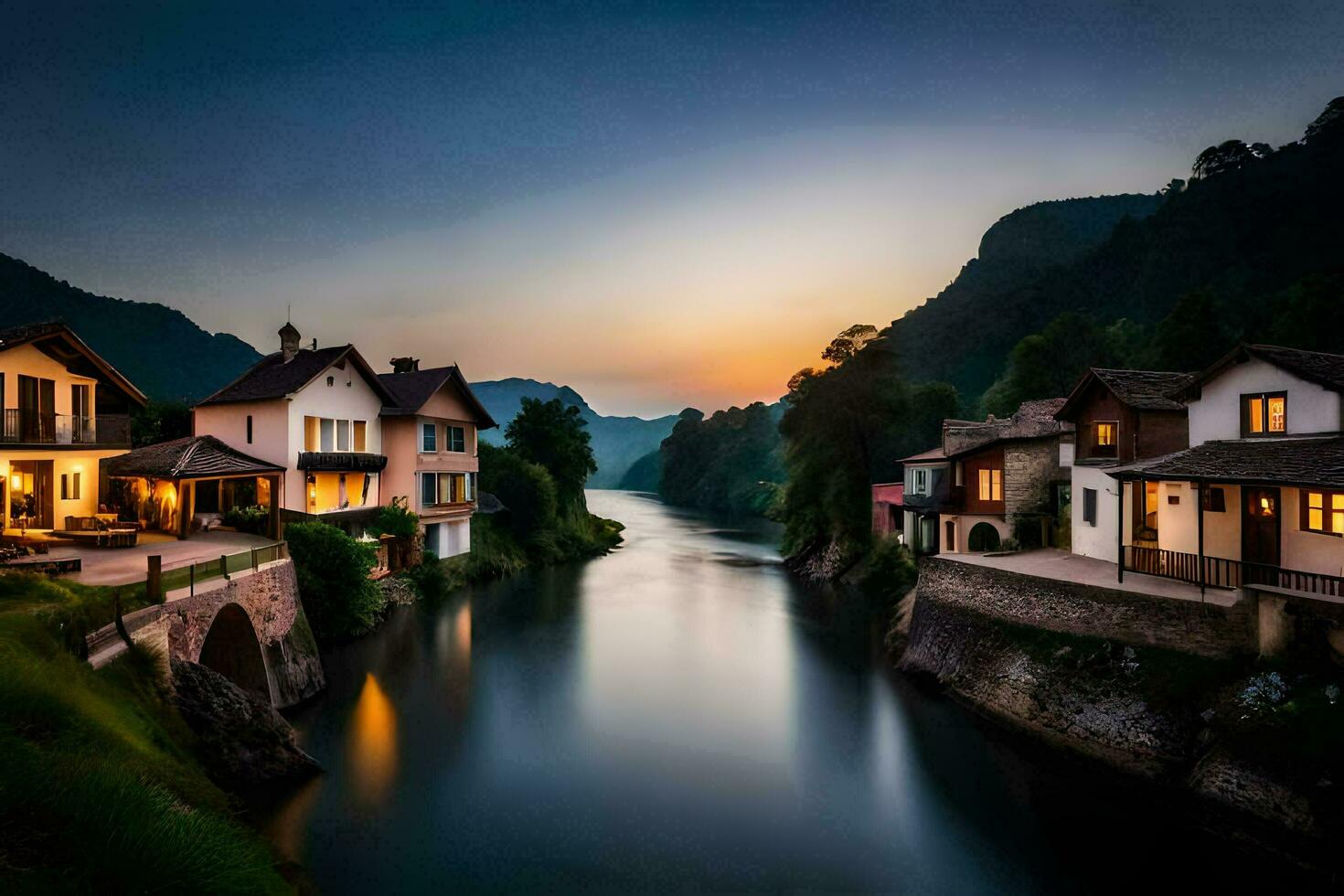 foto sfondo il cielo, fiume, acqua, montagne, case, fiume, il sole, fiume. ai-generato