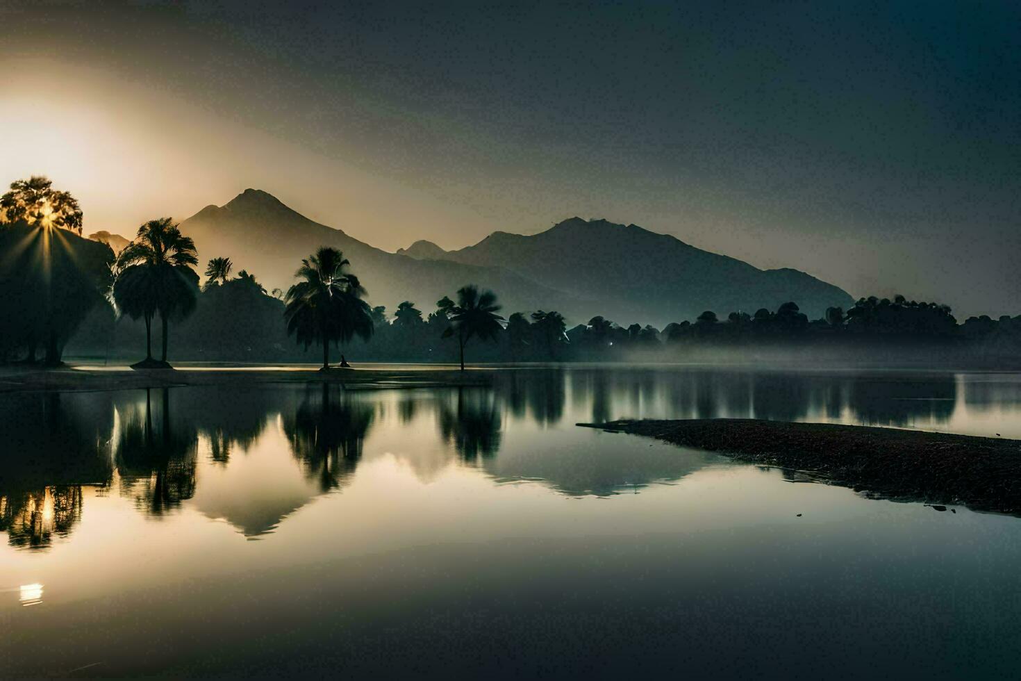 il sole sorge al di sopra di un' lago e montagne. ai-generato foto