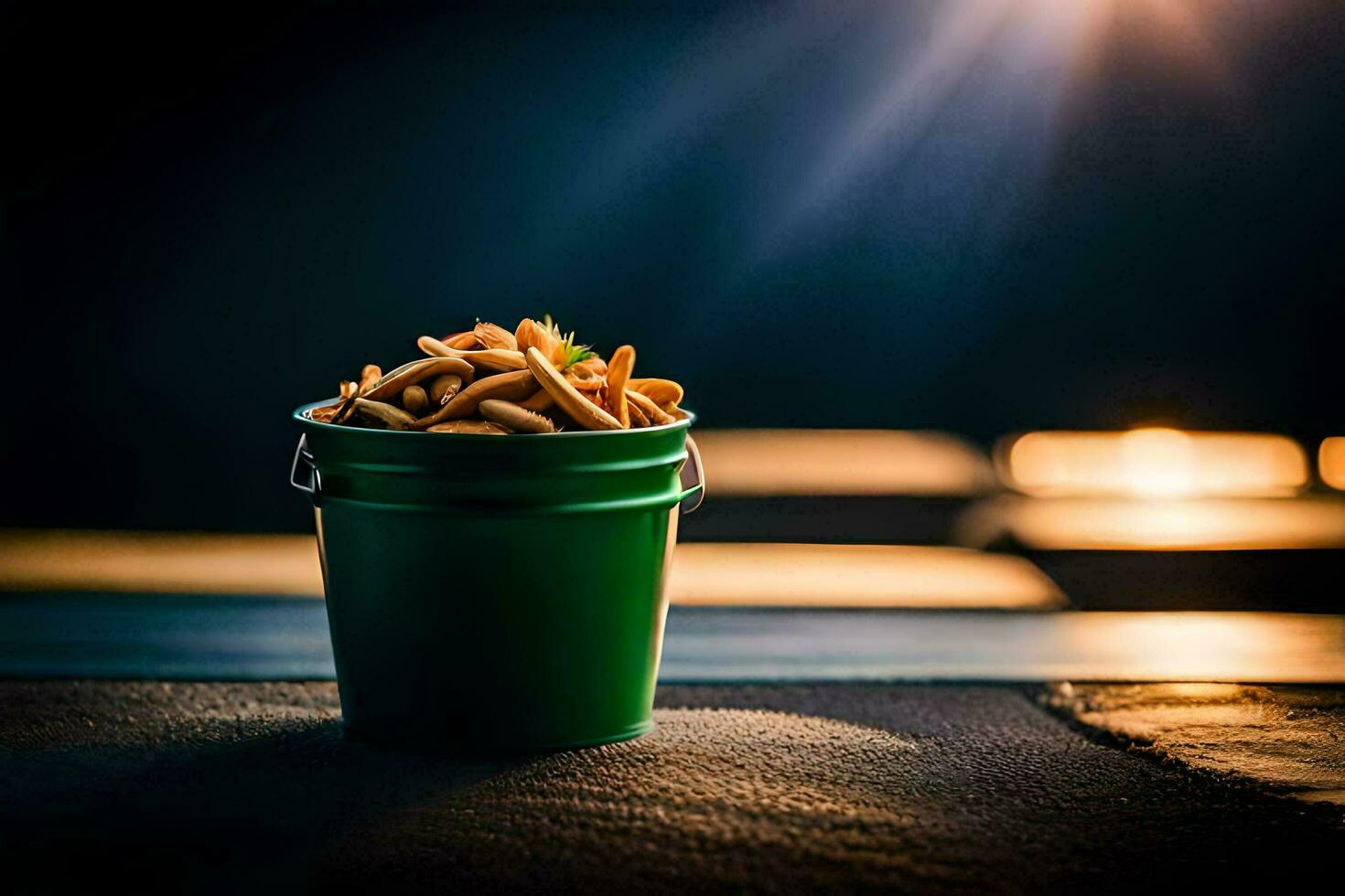 un' secchio di patatine fritte seduta su un' tavolo. ai-generato foto